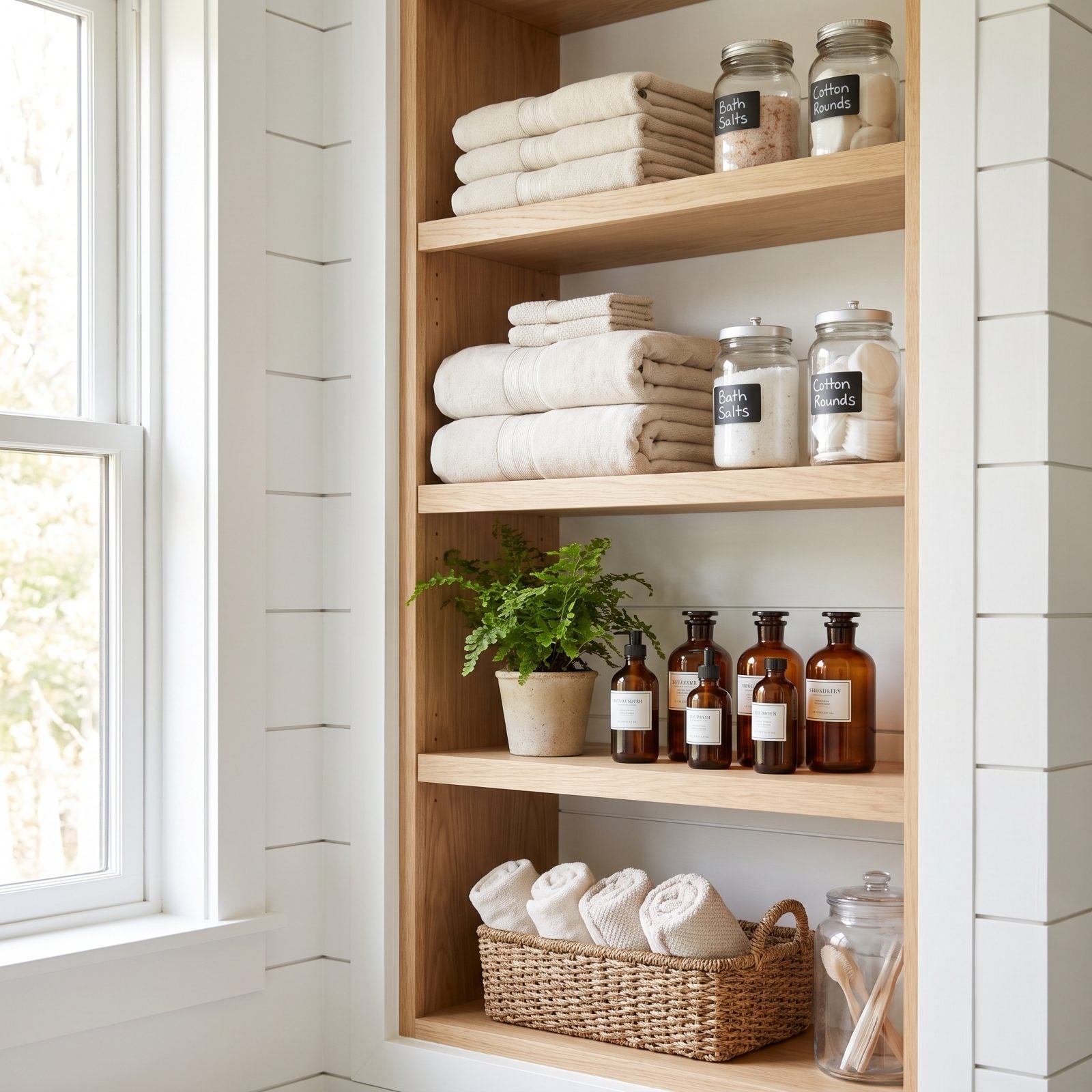 Bathroom with two open wood shelves holding amber bottles, rolled towels, a potted plant, and a brass tray.