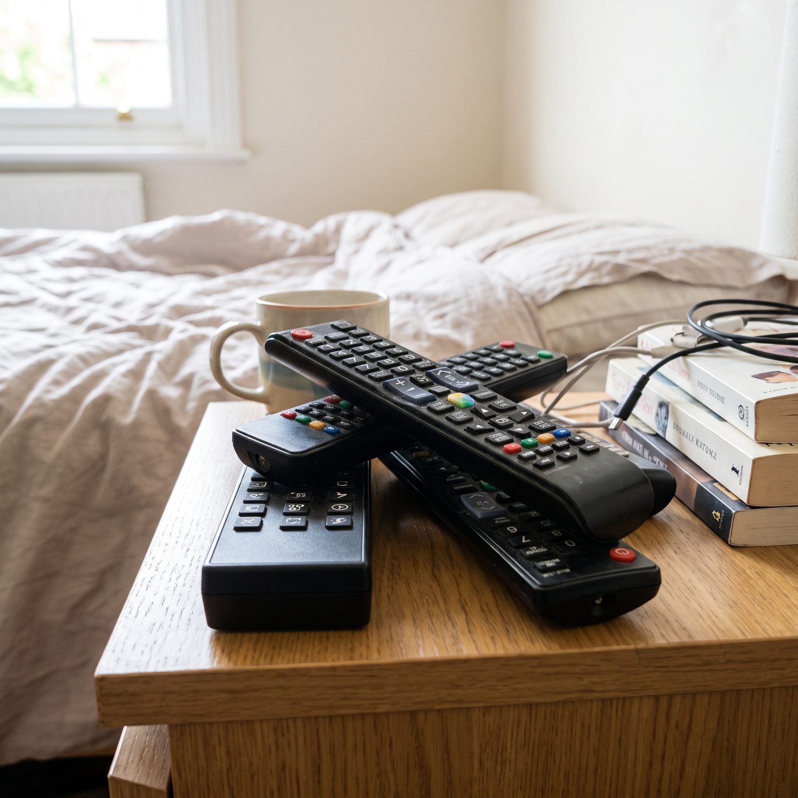 Bedroom nightstand with four remote controls lined up in a row on a tray beside a lamp and a mug.