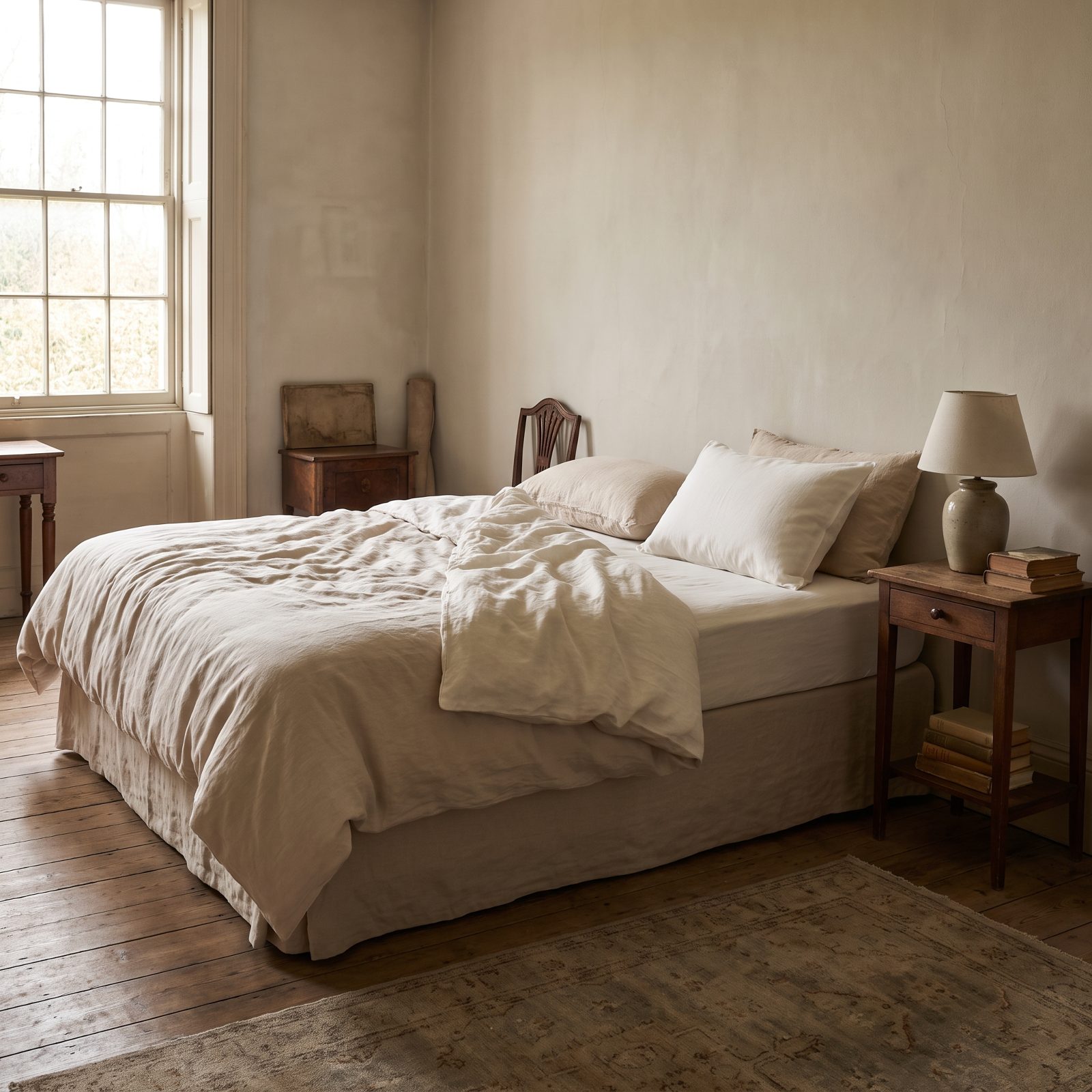 Bedroom with both sides of the bed made, one nightstand used and the matching one holding only a lamp and coaster.