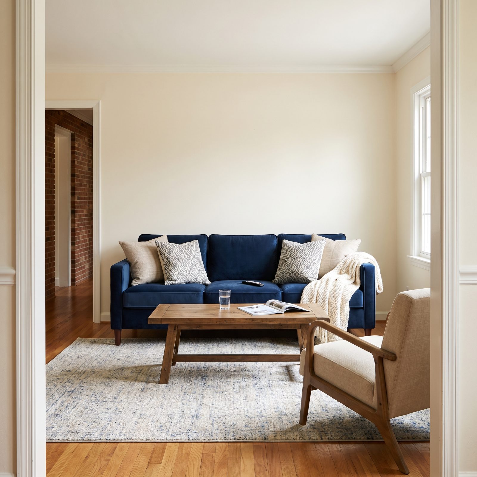Living room with a navy three-seat sofa against the far wall facing an open doorway, an armchair turned partly away from the