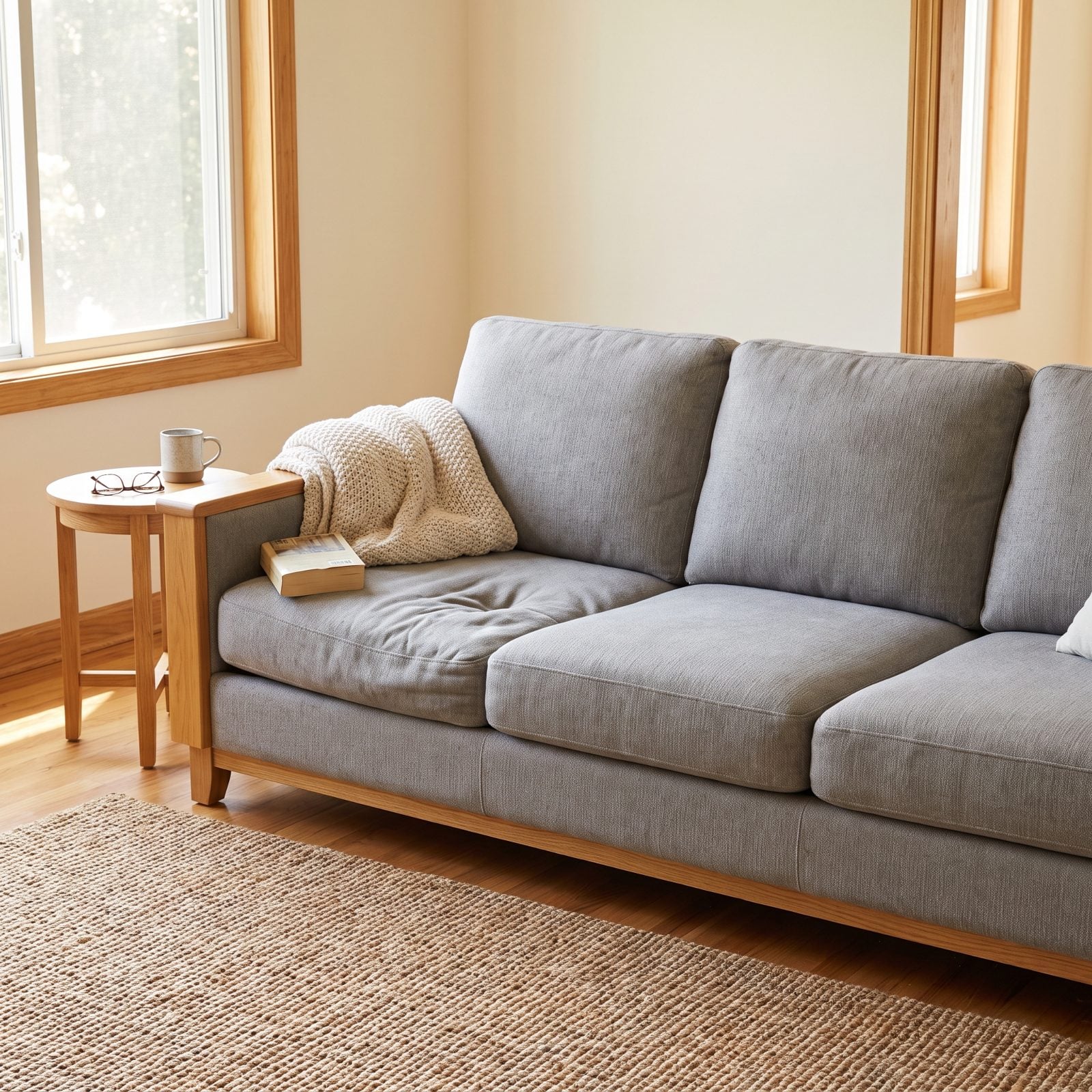 Living room with a gray sofa whose left cushion is visibly sunken next to a mug and open book.
