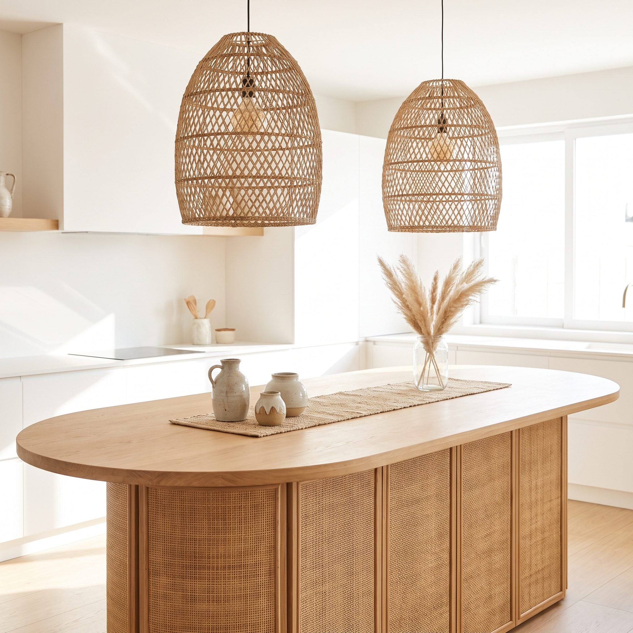 Wide Oval Island With Two Oversized Woven Lanterns