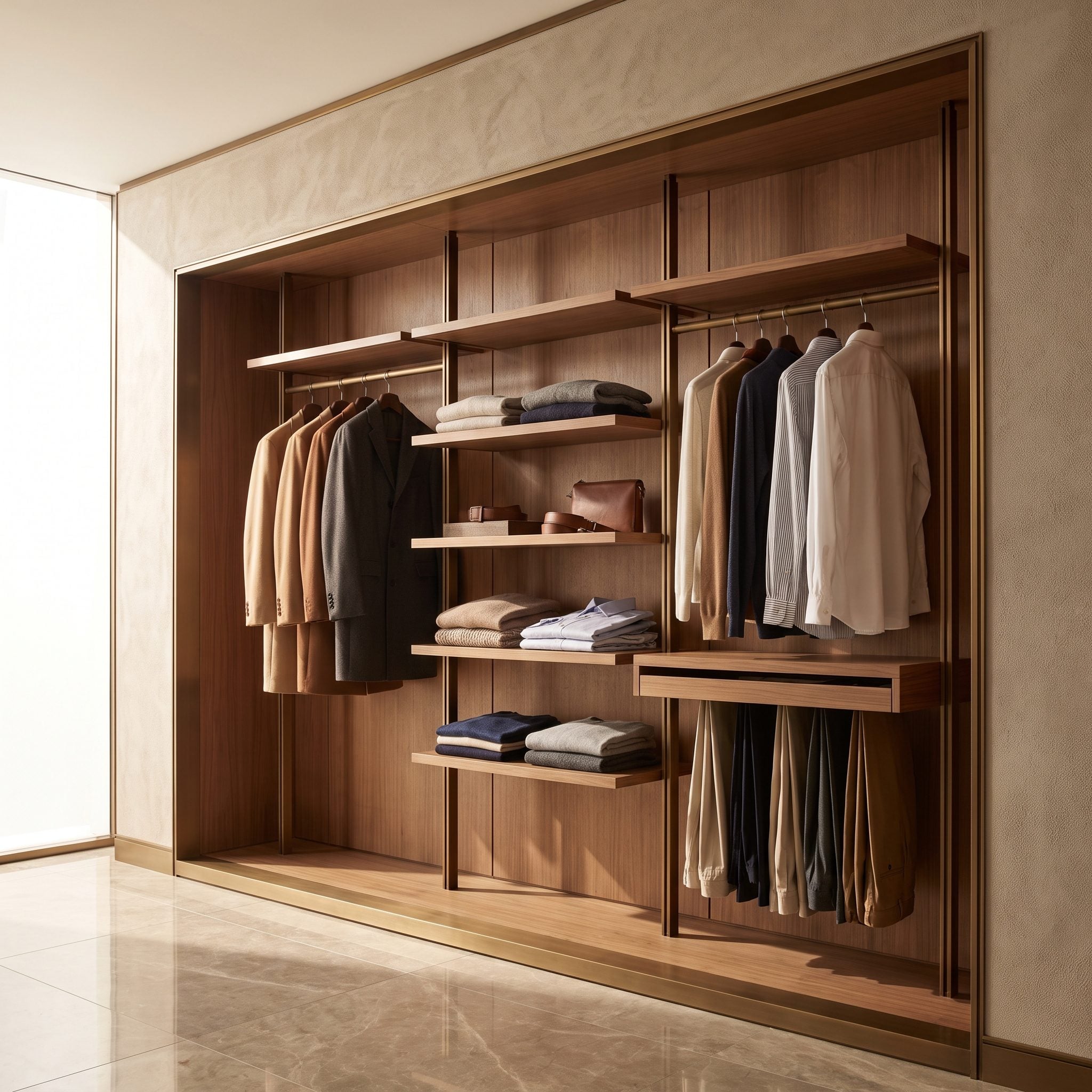 Bedroom wall recess fitted with an open wardrobe valet, bronze hanging rail, leather-lined drawer and shoe shelf