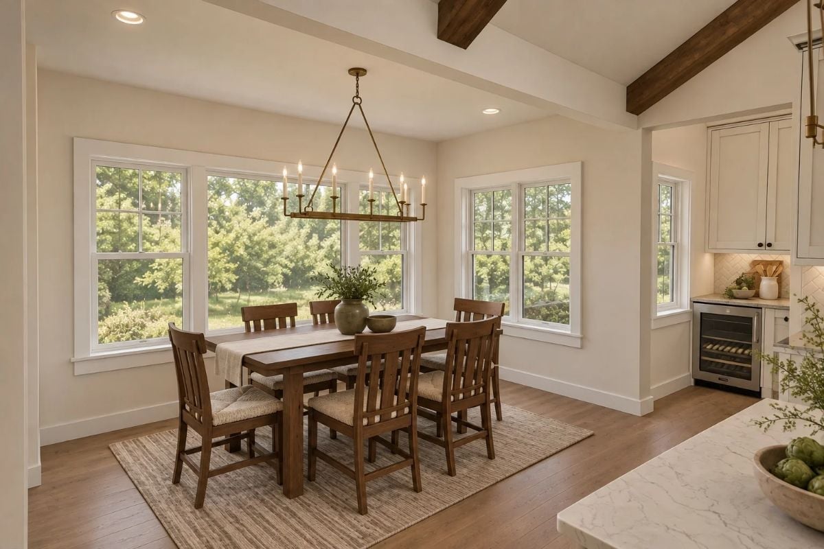 Brass Chandelier, Wood Beams, and Six Chairs That All Fit Comfortably
