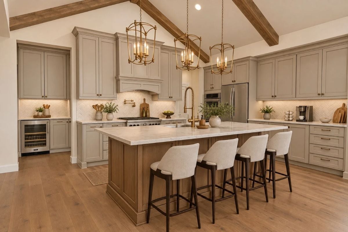 Greige Cabinets and Exposed Beams That Make a Large Kitchen Feel Intentional