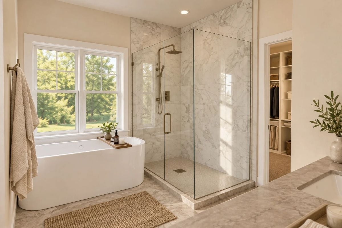 Marble Walls, a Freestanding Tub, and a Walk-In Closet You Can See From the Shower