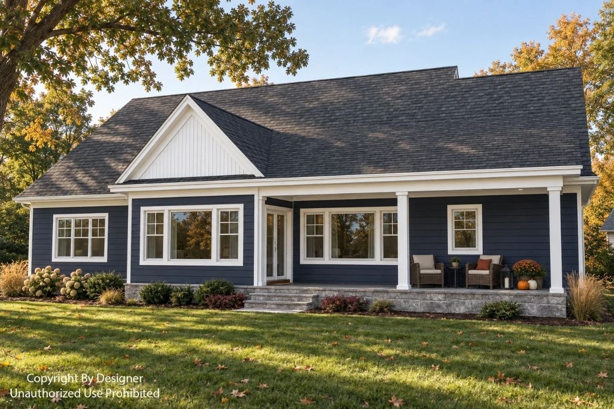 Navy Lap Siding and a Covered Porch That Actually Has Room for Chairs