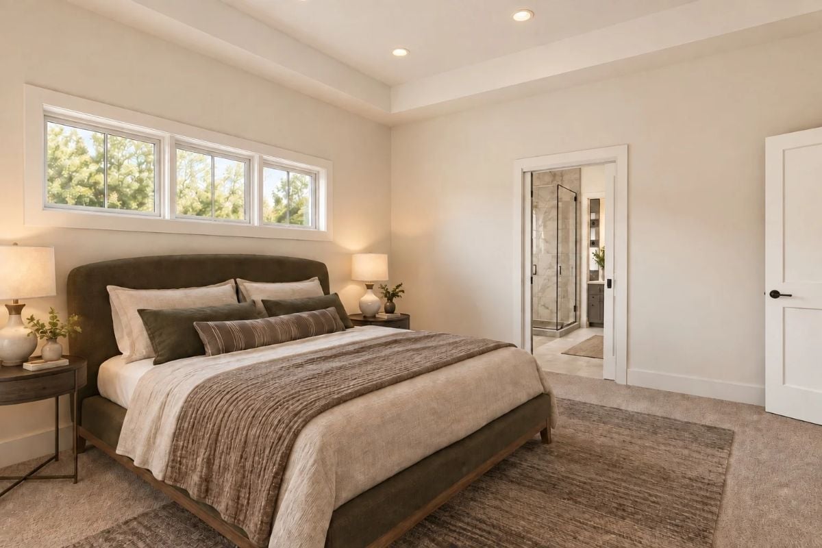 Olive Headboard and Layered Neutrals That Make a Bedroom Feel Finished