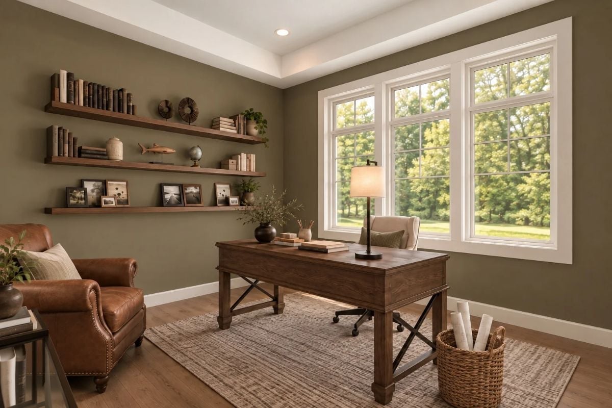 Olive Walls and Leather That Make a Home Office Feel Like Somewhere You'd Actually Work