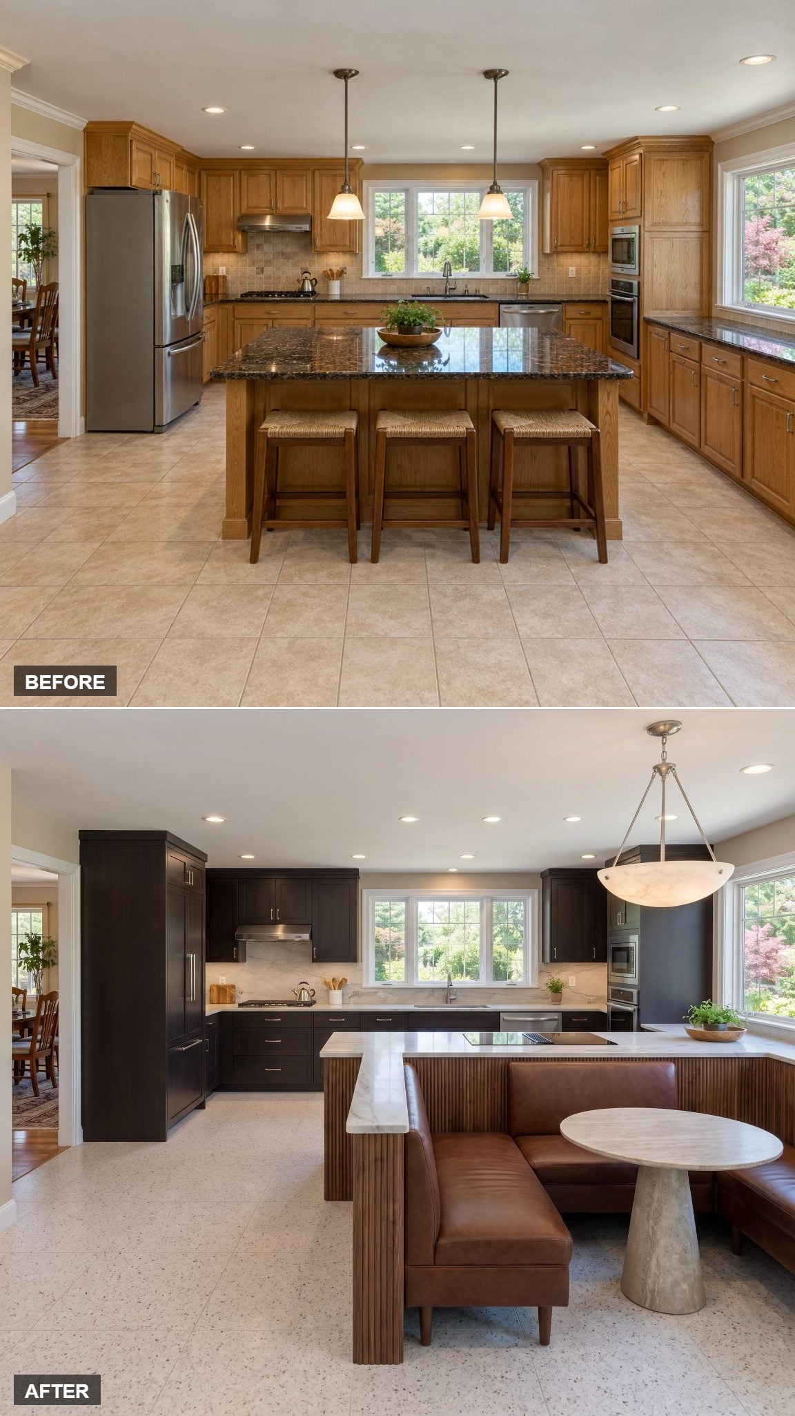 Window-Facing Cooking Island With a Dining Alcove