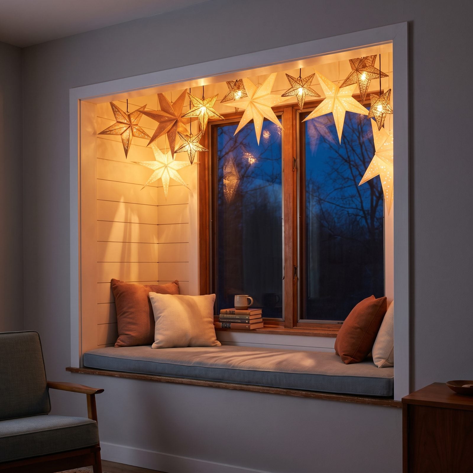 A Window Seat Framed by Glowing Star Lights