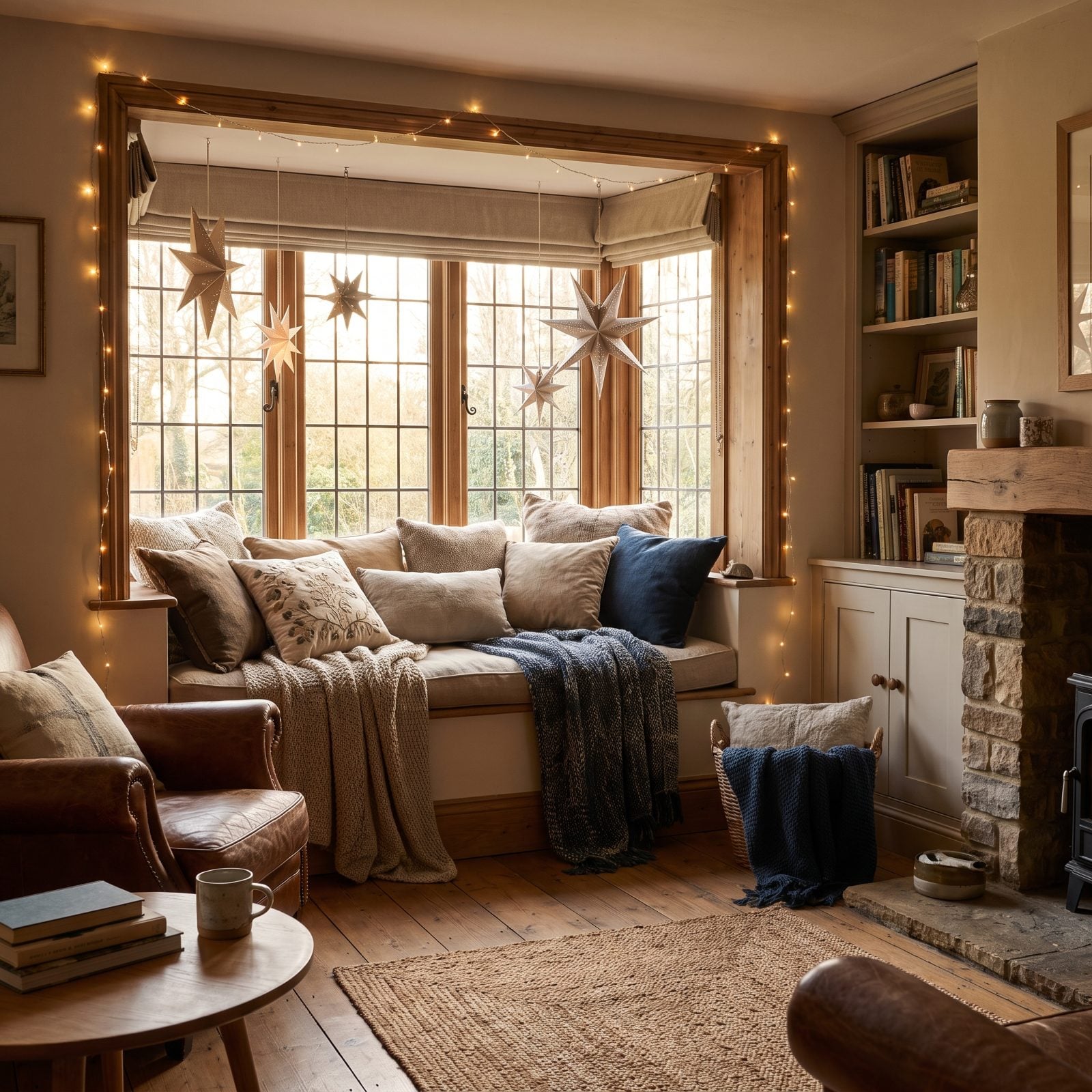 A Window Seat Framed by Stars, Cushions, and Tiny Lights