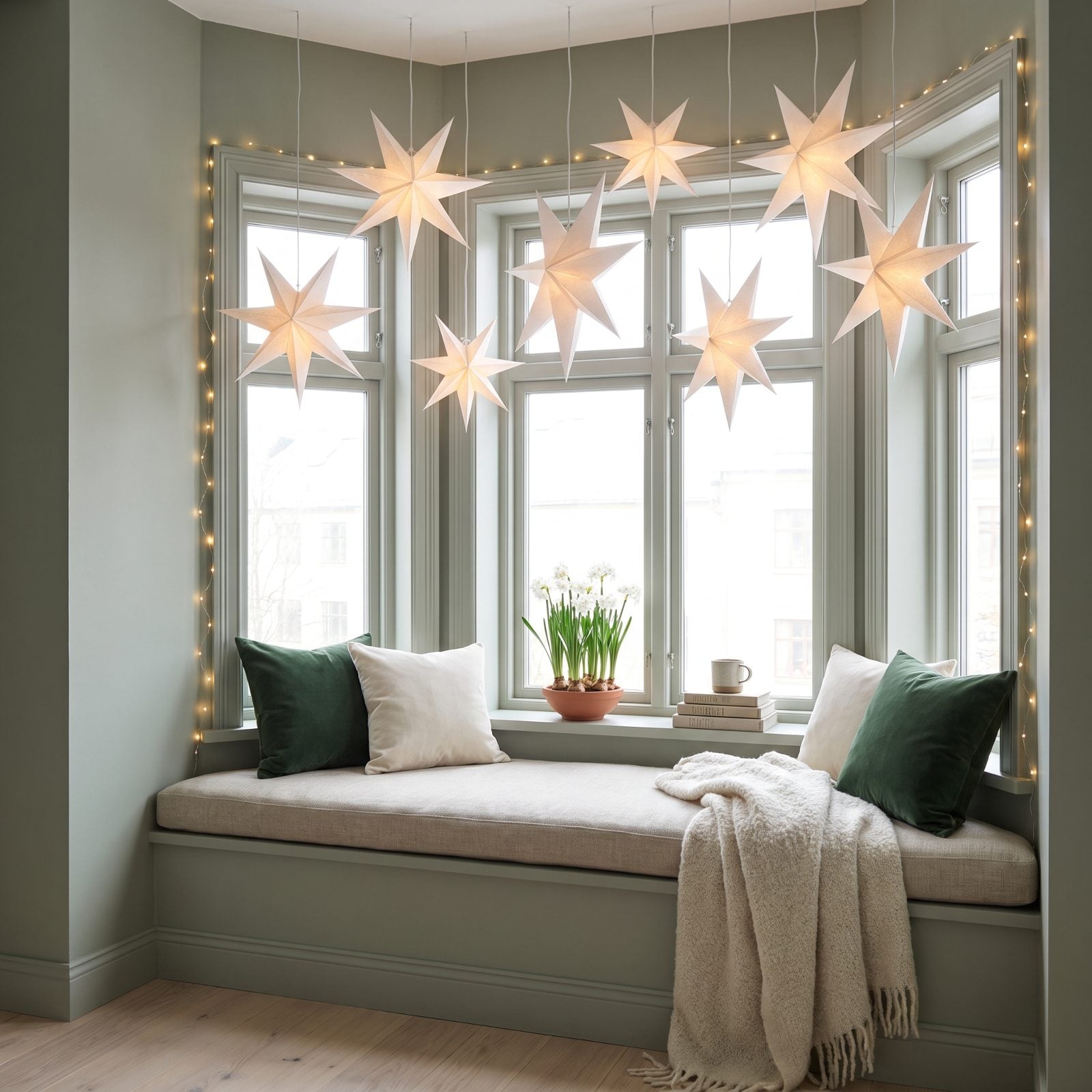 A Window Seat Glowing Beneath Suspended Paper Stars