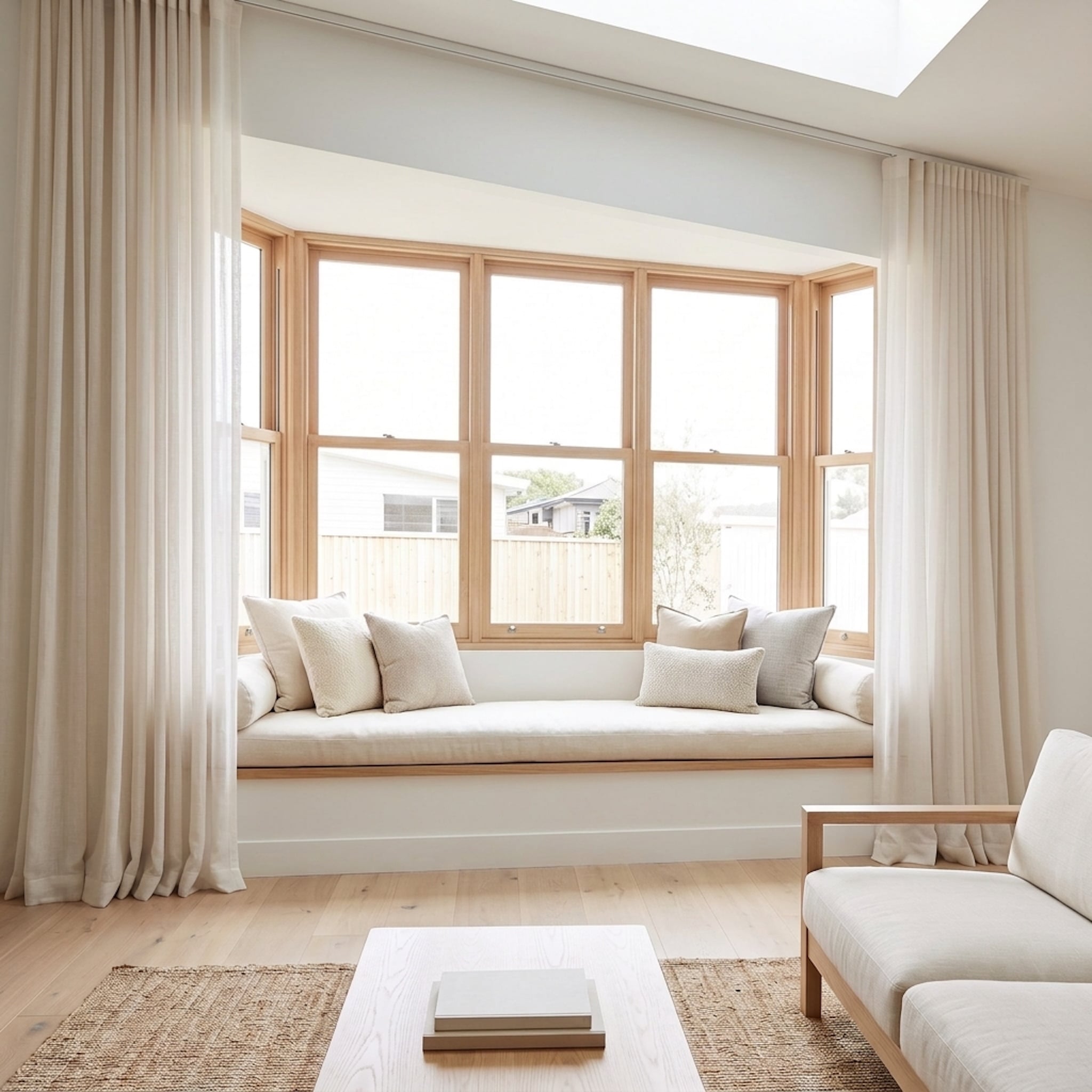 Blue sofa facing a bay window seat with full-width curtains and a round coffee table