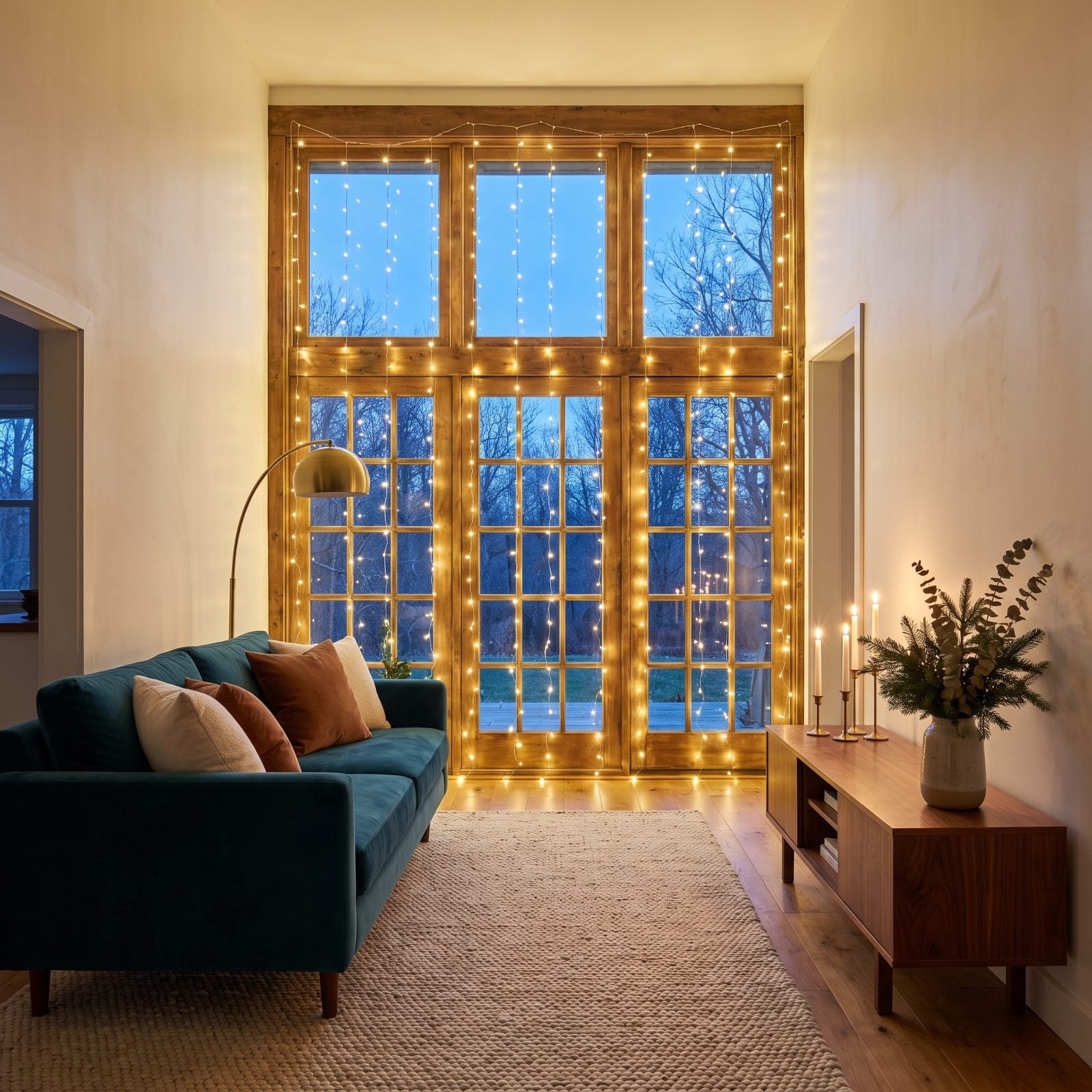 A Window Wall Framed With Cascading Warm White Lights