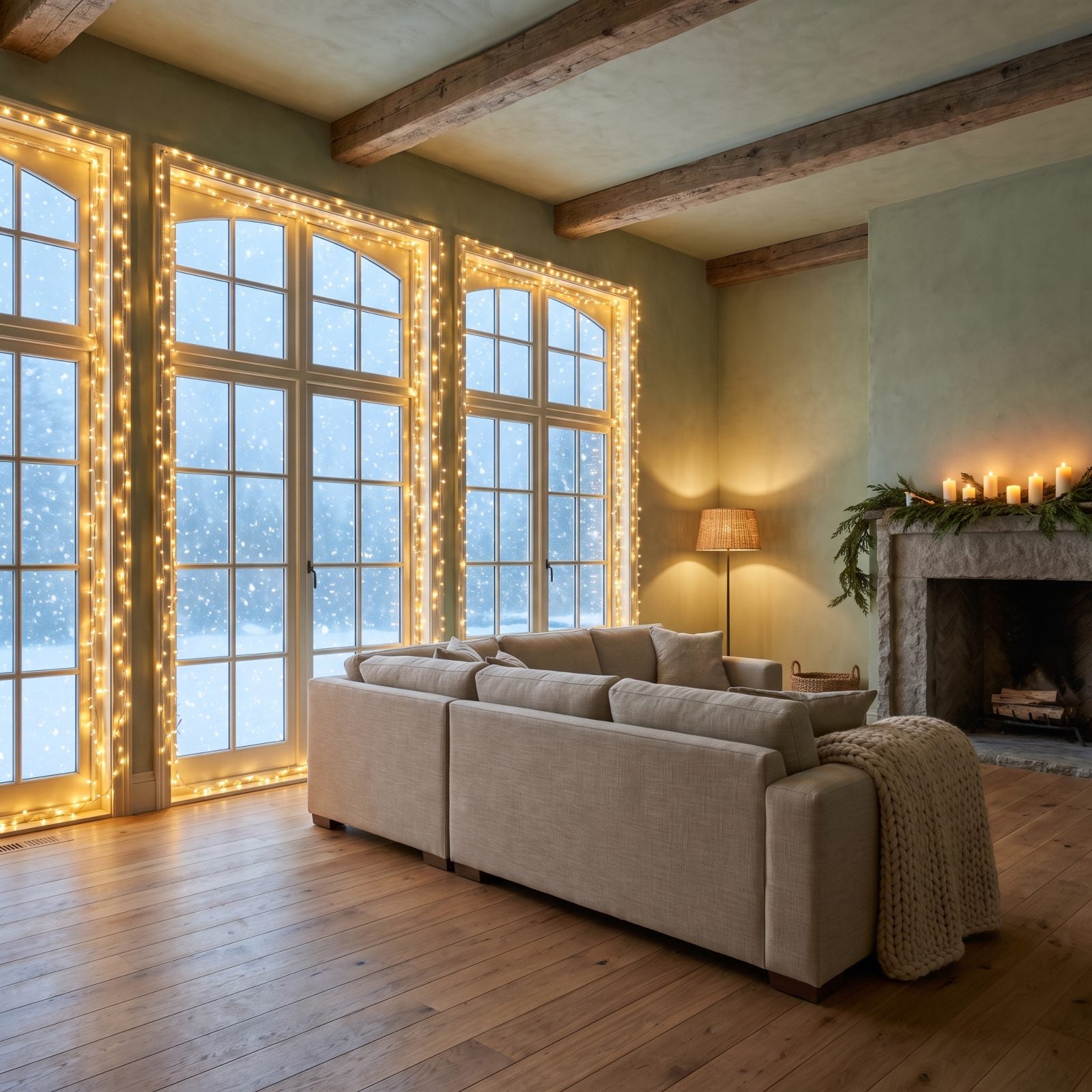 A Window Wall Outlined With Warm White Lights