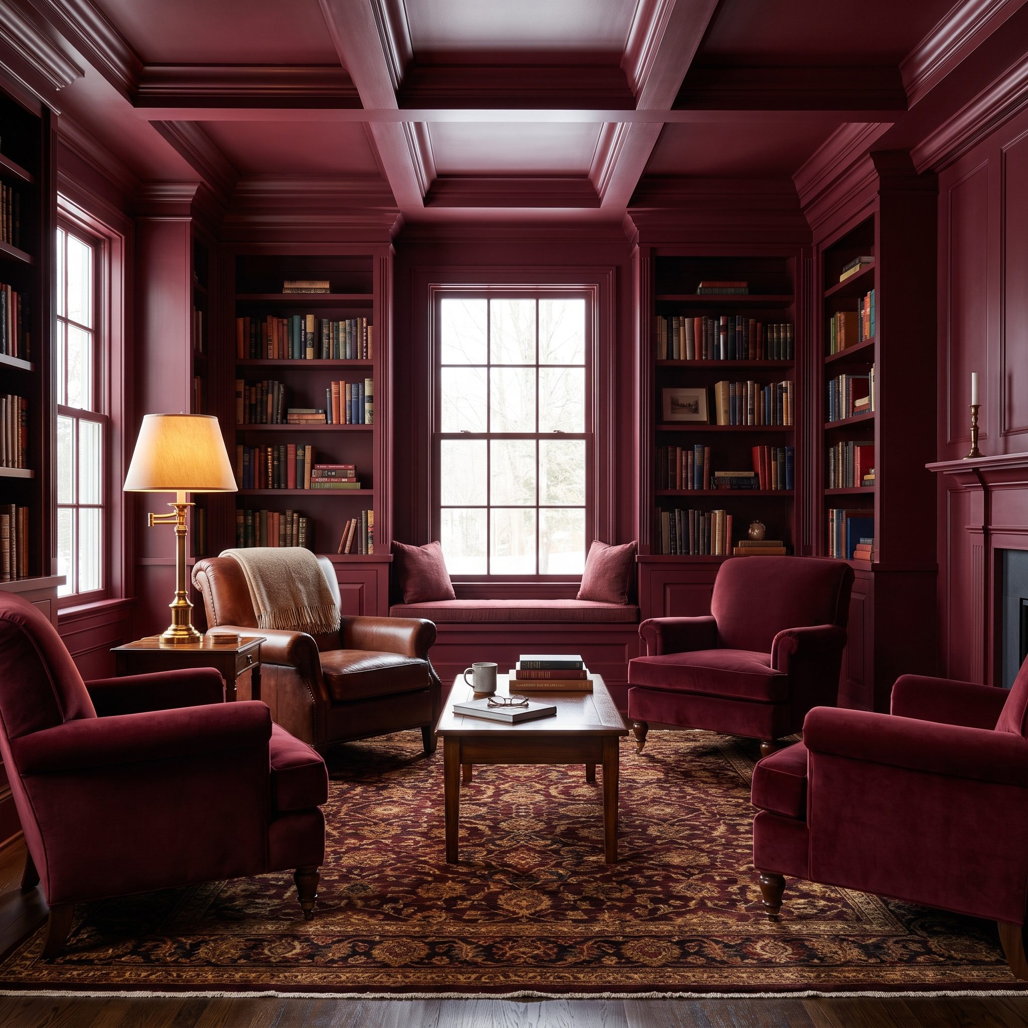 Small reading room in wine red across walls, bookcases, trim, and ceiling with a cognac leather club chair.