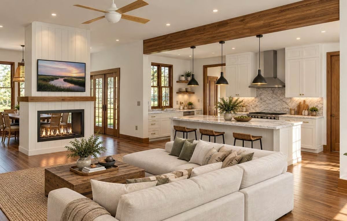 Shiplap, Exposed Beams, and a Fireplace That Actually Gets Used