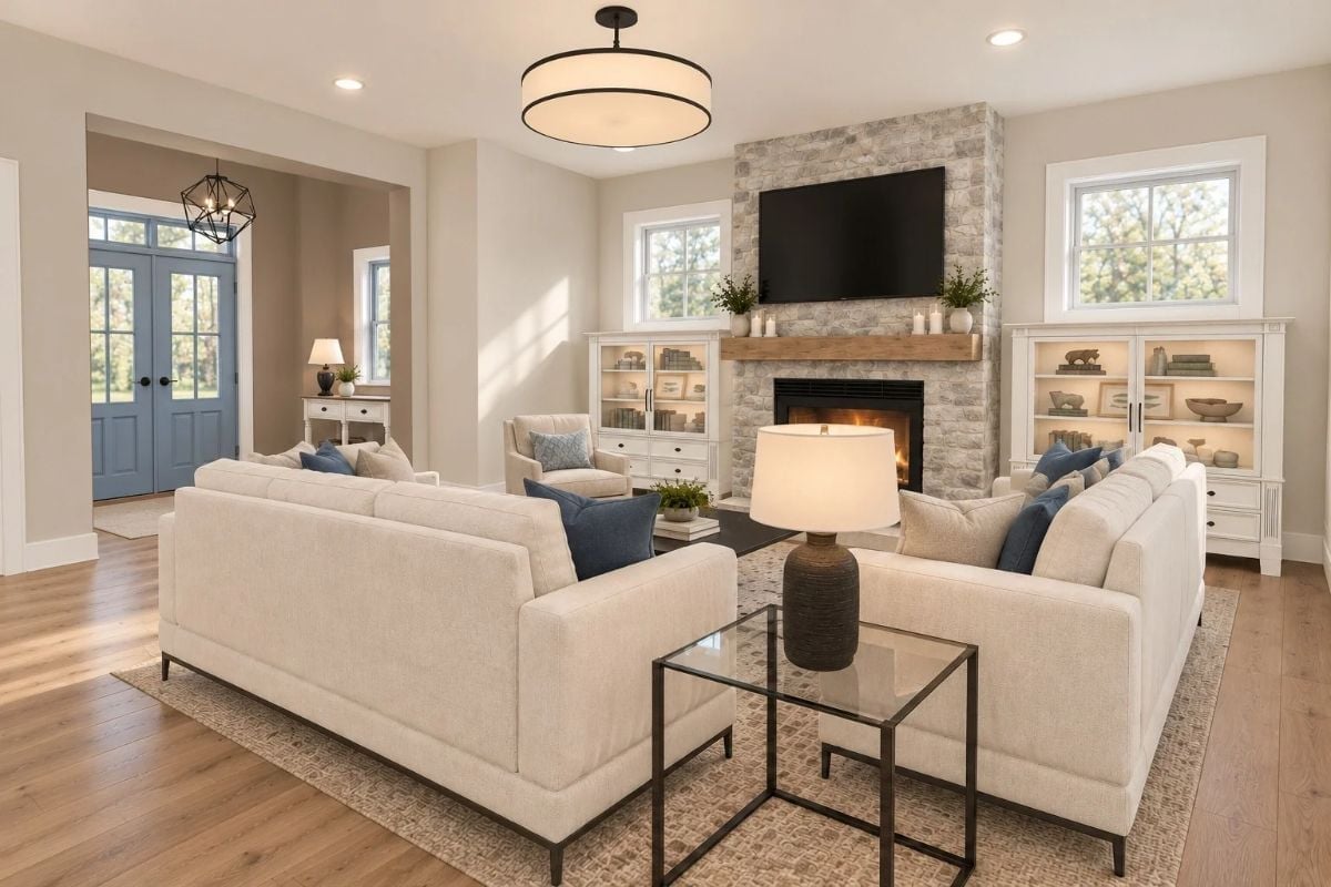 Cream Sofas and a Stone Fireplace That Make Staying Home Feel Like the Right Call