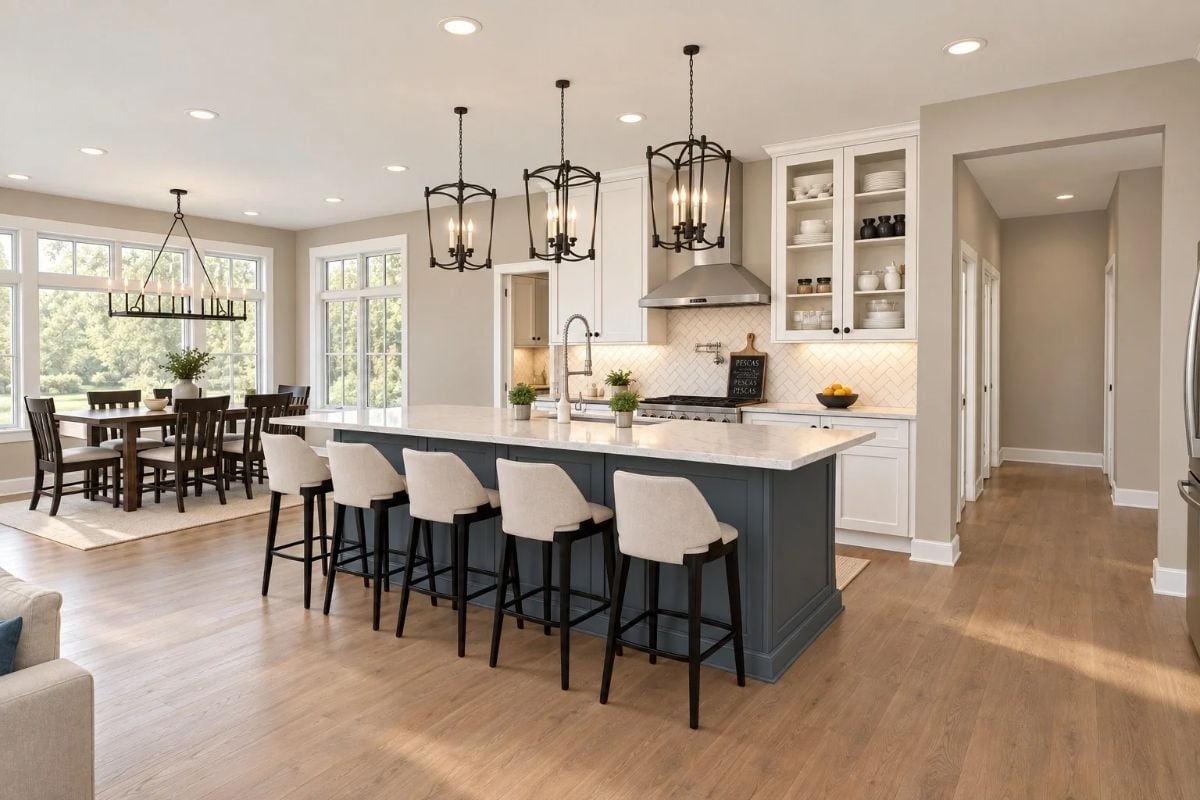 Six Barstools, Two Pendant Clusters, and a Island That Can Handle a Crowd