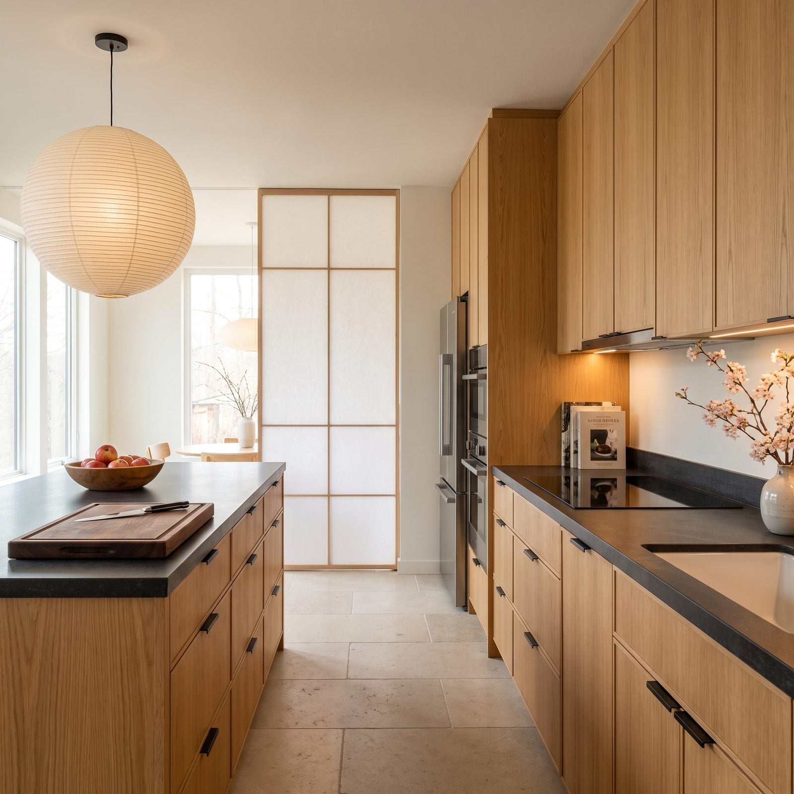 Kitchen with wood-grain slab cabinet doors: Grain-matched rift white oak slabs with charcoal stone counters and a paper lantern.