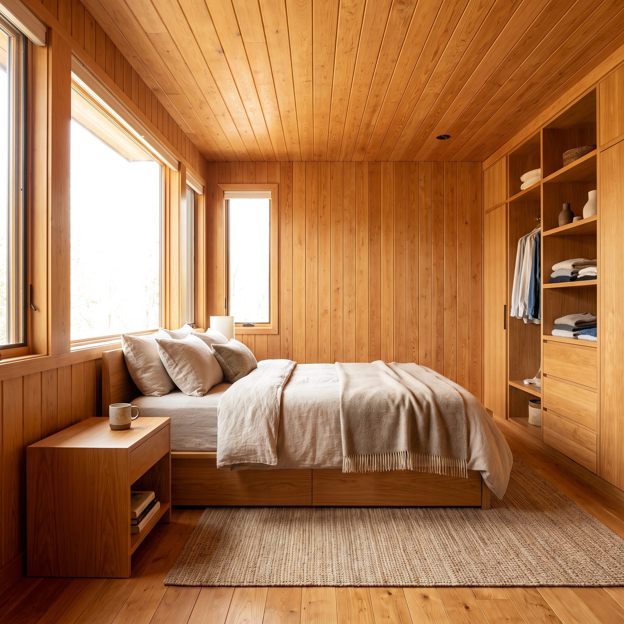 Bedroom wrapped in honey-toned wood planking across all walls and ceiling with a low platform bed and linen bedding.