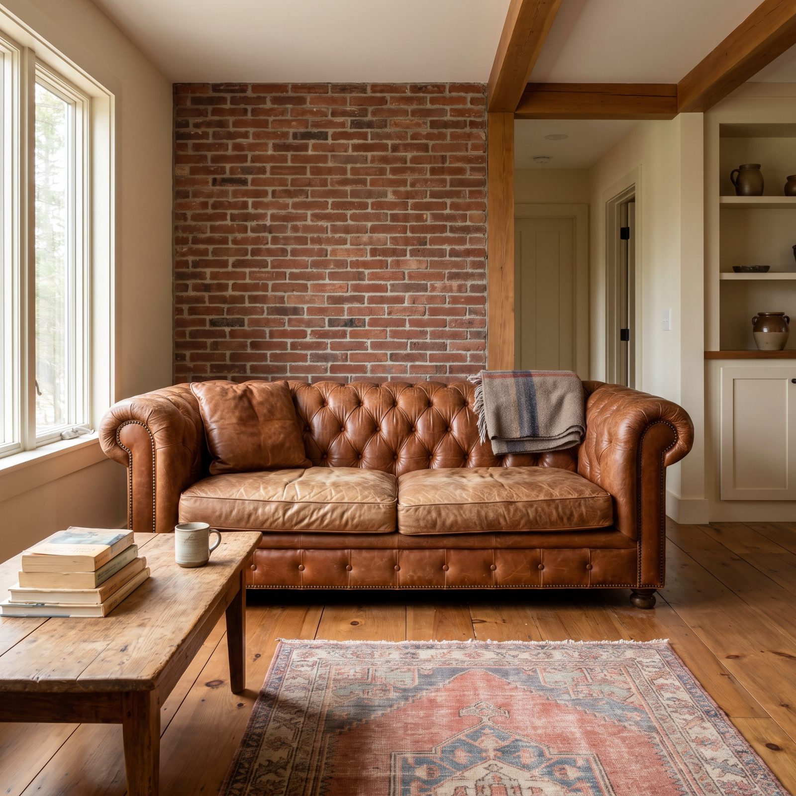 Living room with a worn cognac leather Chesterfield sofa against a brick wall, one cushion sunk and a blanket over the back.