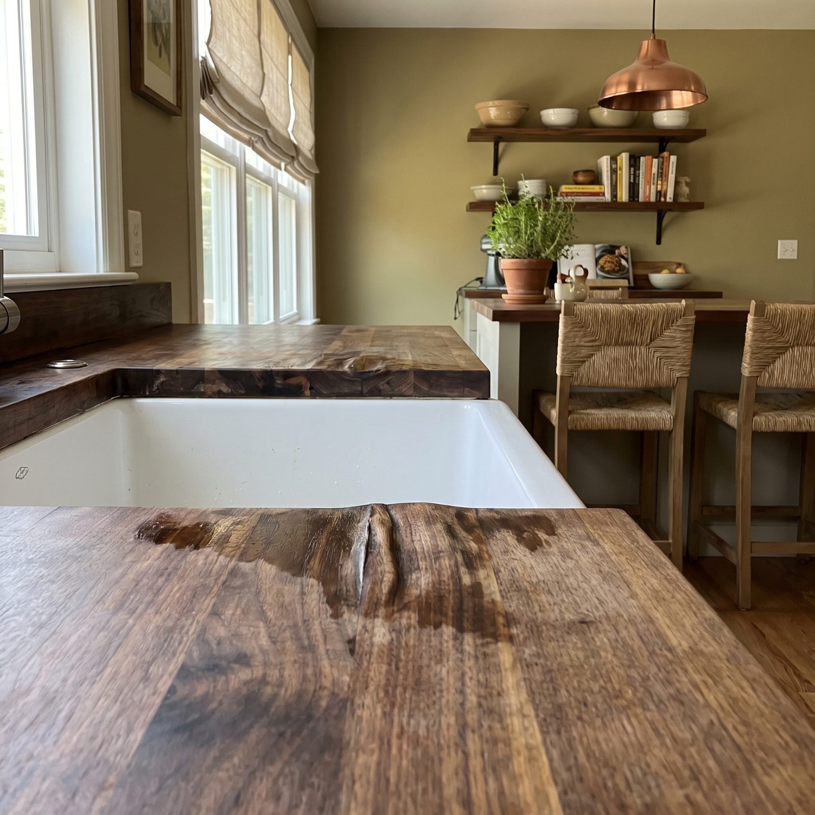 Oak butcher block counter around a farmhouse sink showing gray water staining and lifted grain at the seam.