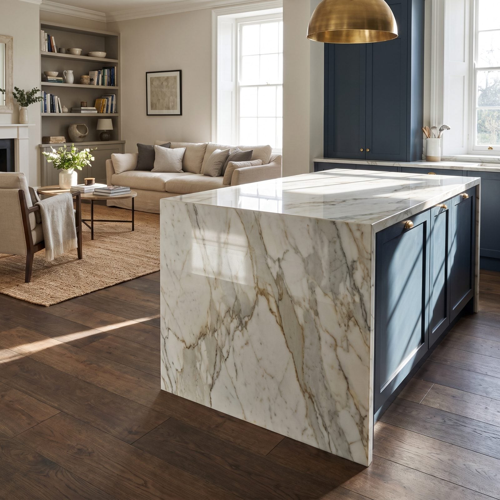 Walnut and white quartz kitchen island with a waterfall edge folding down to the floor.