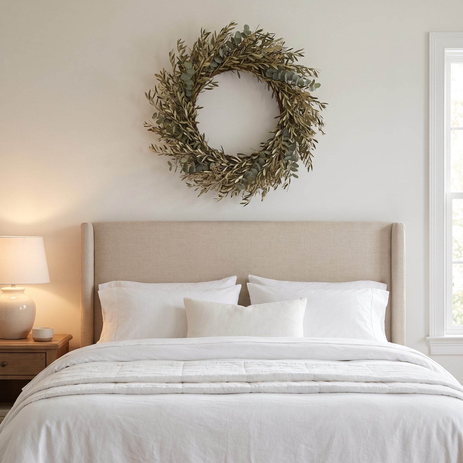 A Wreath Above the Primary Bedroom Headboard
