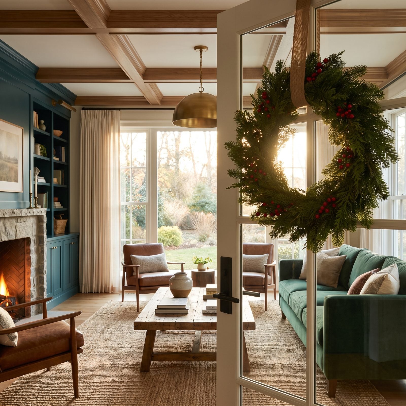 A Wreath on the Glass Door That Steals Depth From the Yard