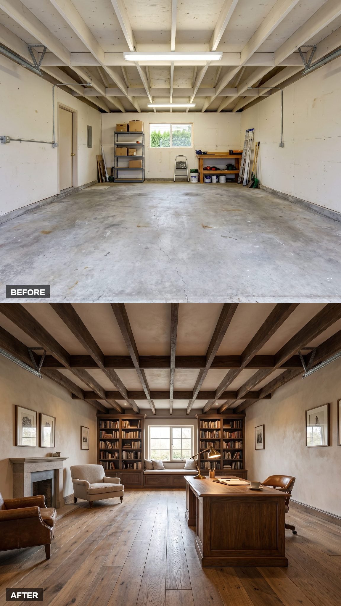 Fireside reading library with limewash walls, bookshelves and a side-wall fireplace