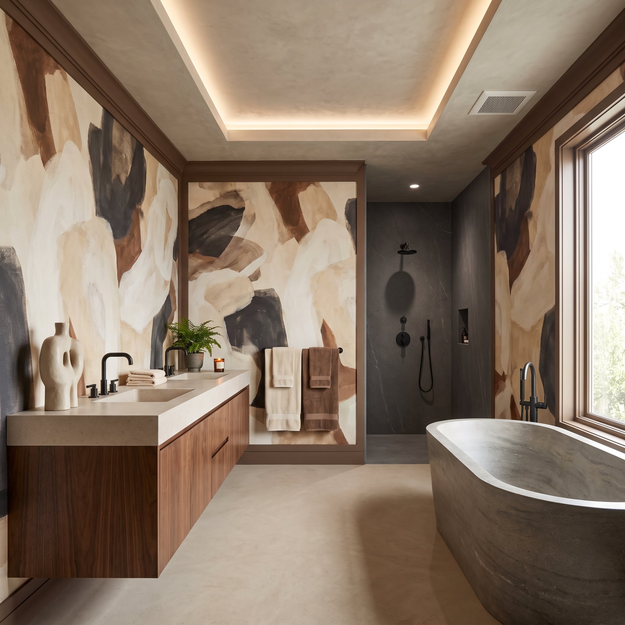 Abstract Mural Wallpaper, a Stone Soaking Tub, and Warm Wood That Holds It Together
