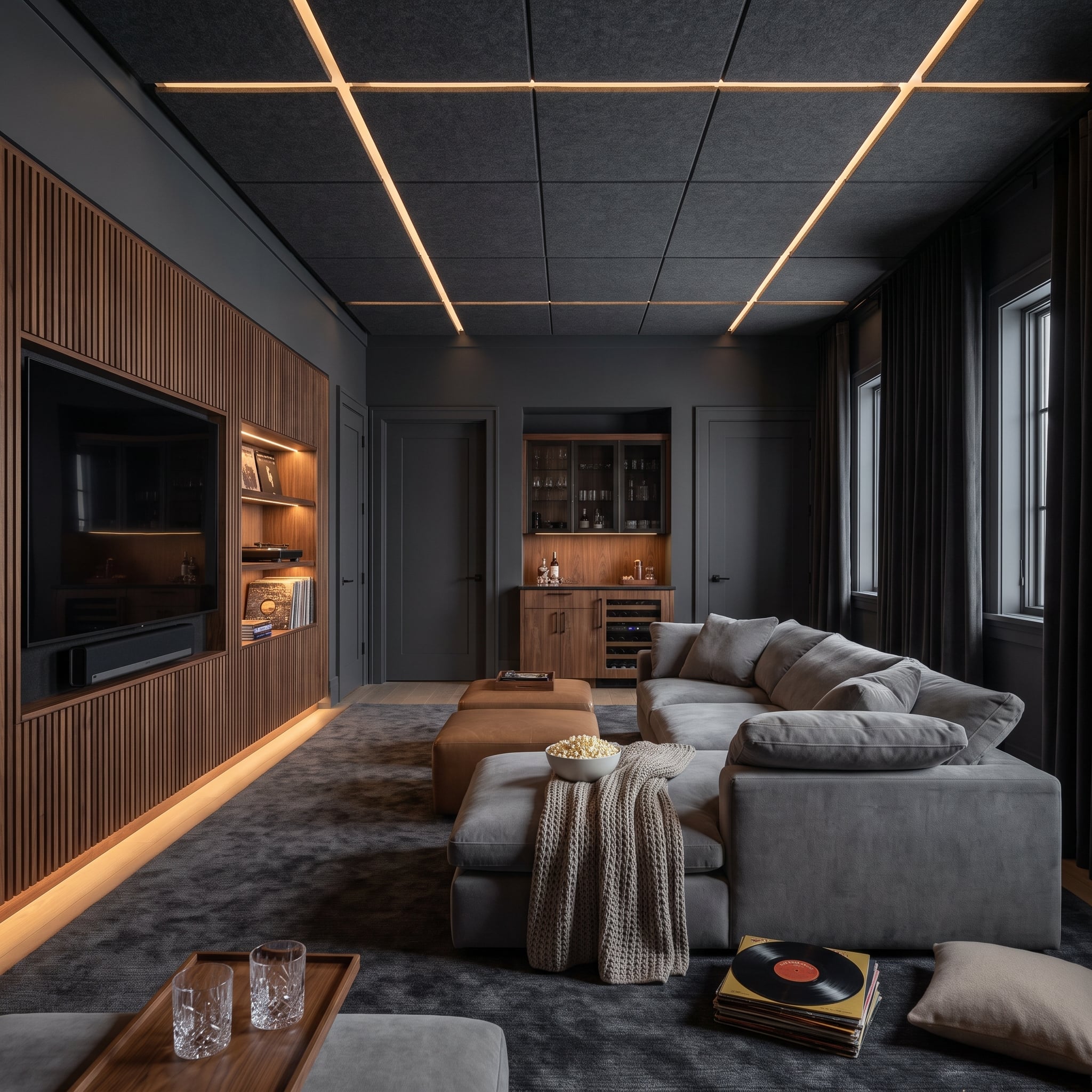 Media room with gray acoustic ceiling panels, integrated LED strips, walnut fluted media wall, sectional sofa, and wet bar