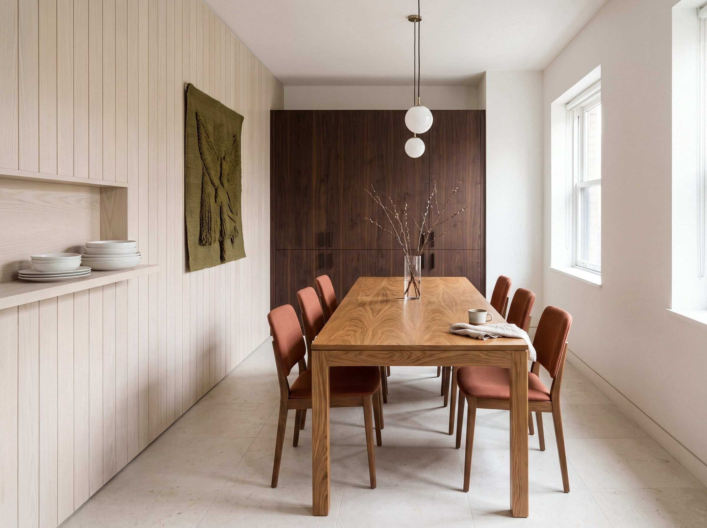 Dining room combining pale ash paneling, dark walnut cabinetry, and an oak dining table