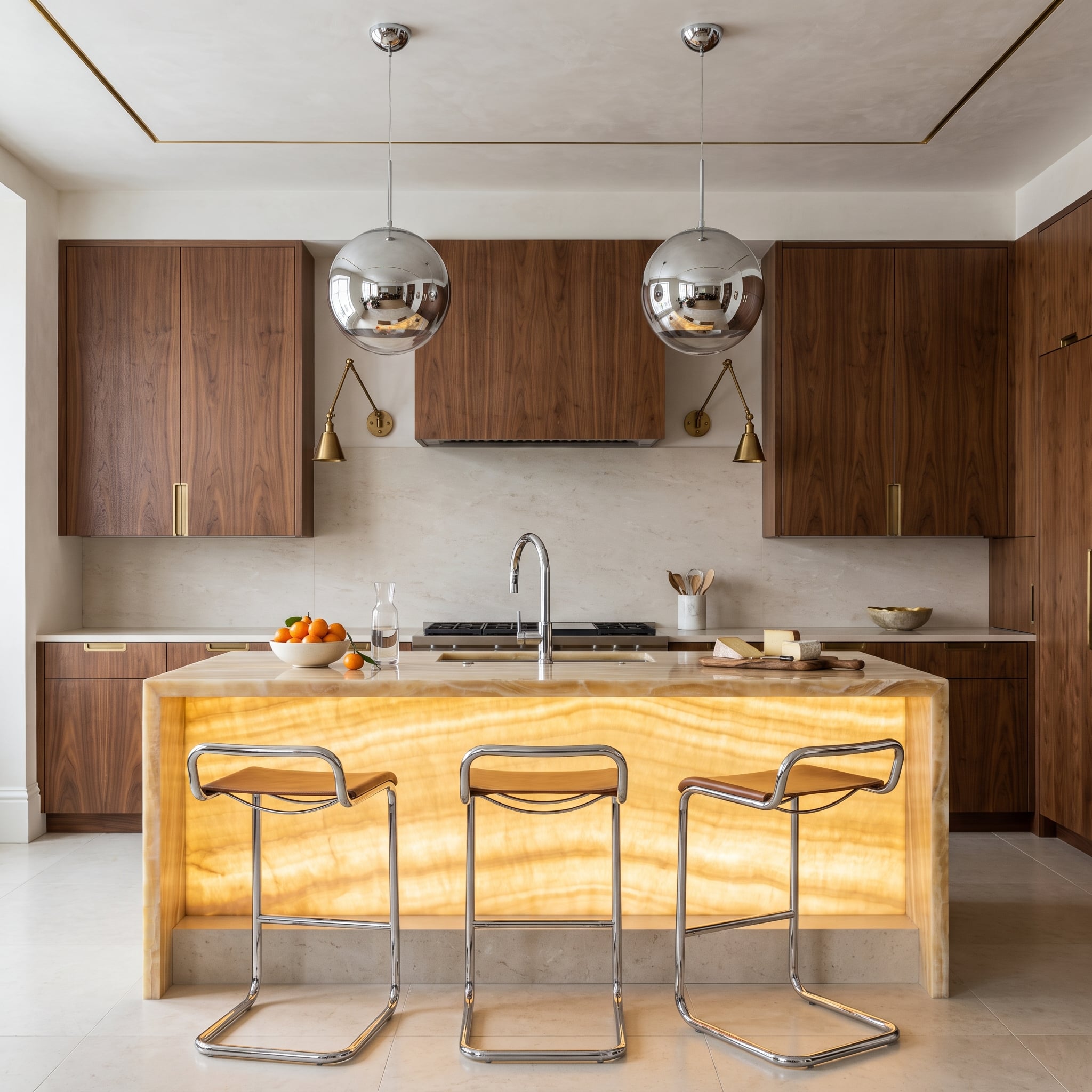 Backlit Onyx, Chrome Barstools, and Brass Sconces Walked Into the Same Kitchen