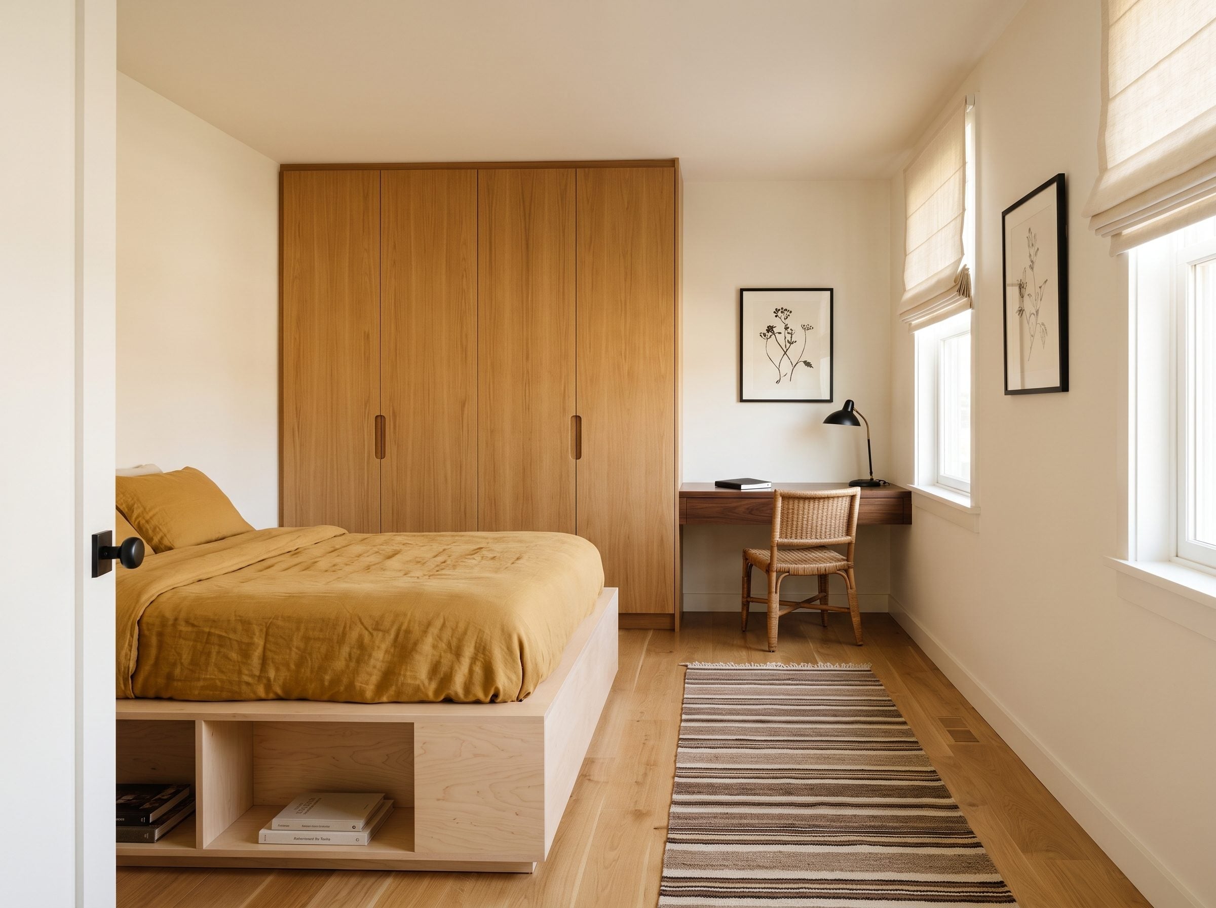 Bedroom with pale birch platform bed, walnut floating desk, oak flooring, and mustard bedding