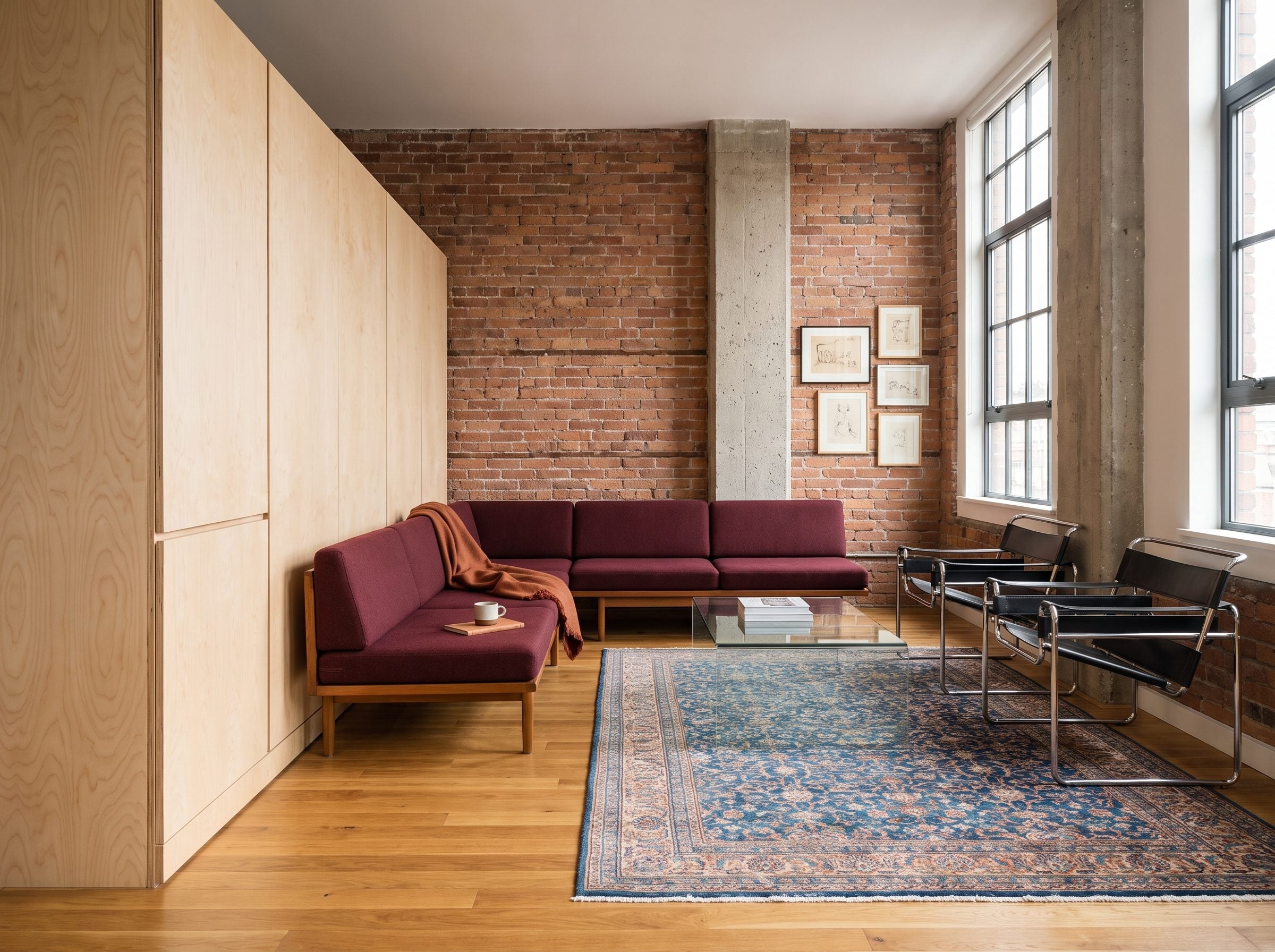 Contemporary loft with birch cabinetry, oak flooring, darker wood furniture, burgundy sectional, and blue patterned rug