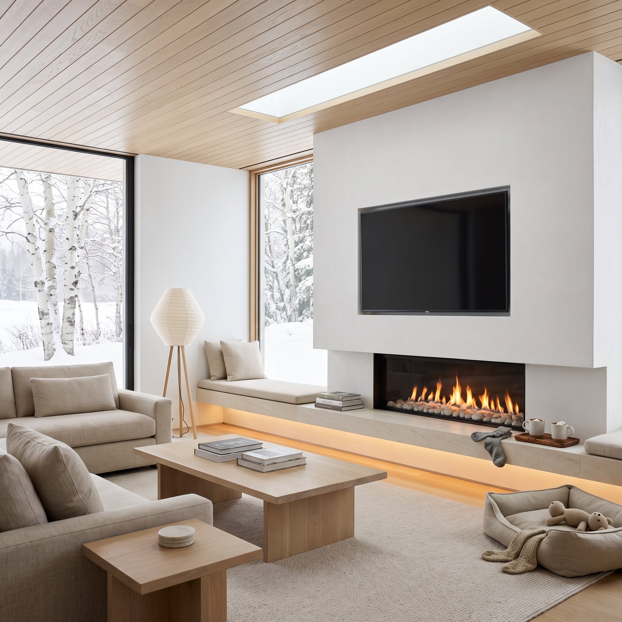 Light-filled living room with white plaster fireplace wall, television above linear flames, ash ceiling planks, and winter birch trees outside