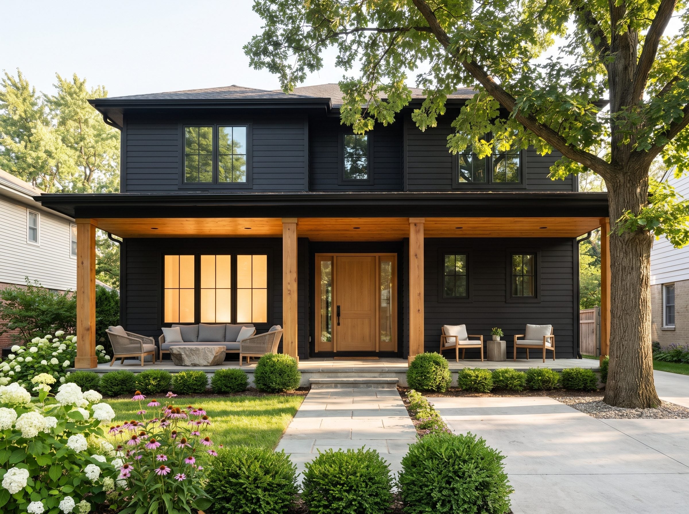 Black-sided home with natural wood porch columns, timber ceiling, and landscaped path
