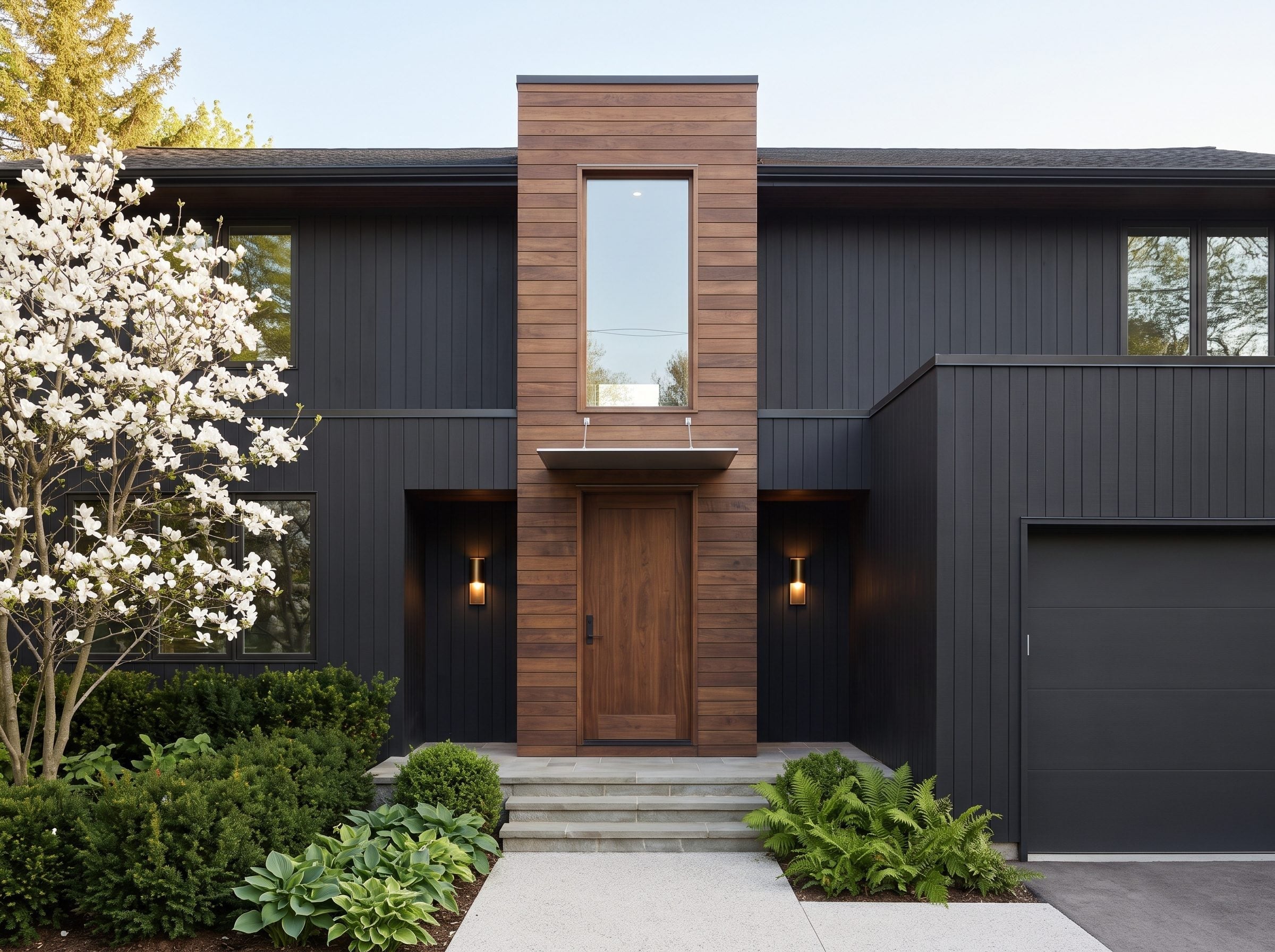 Black contemporary house with a tall wood-clad entrance tower, stone steps, and landscaped walkway