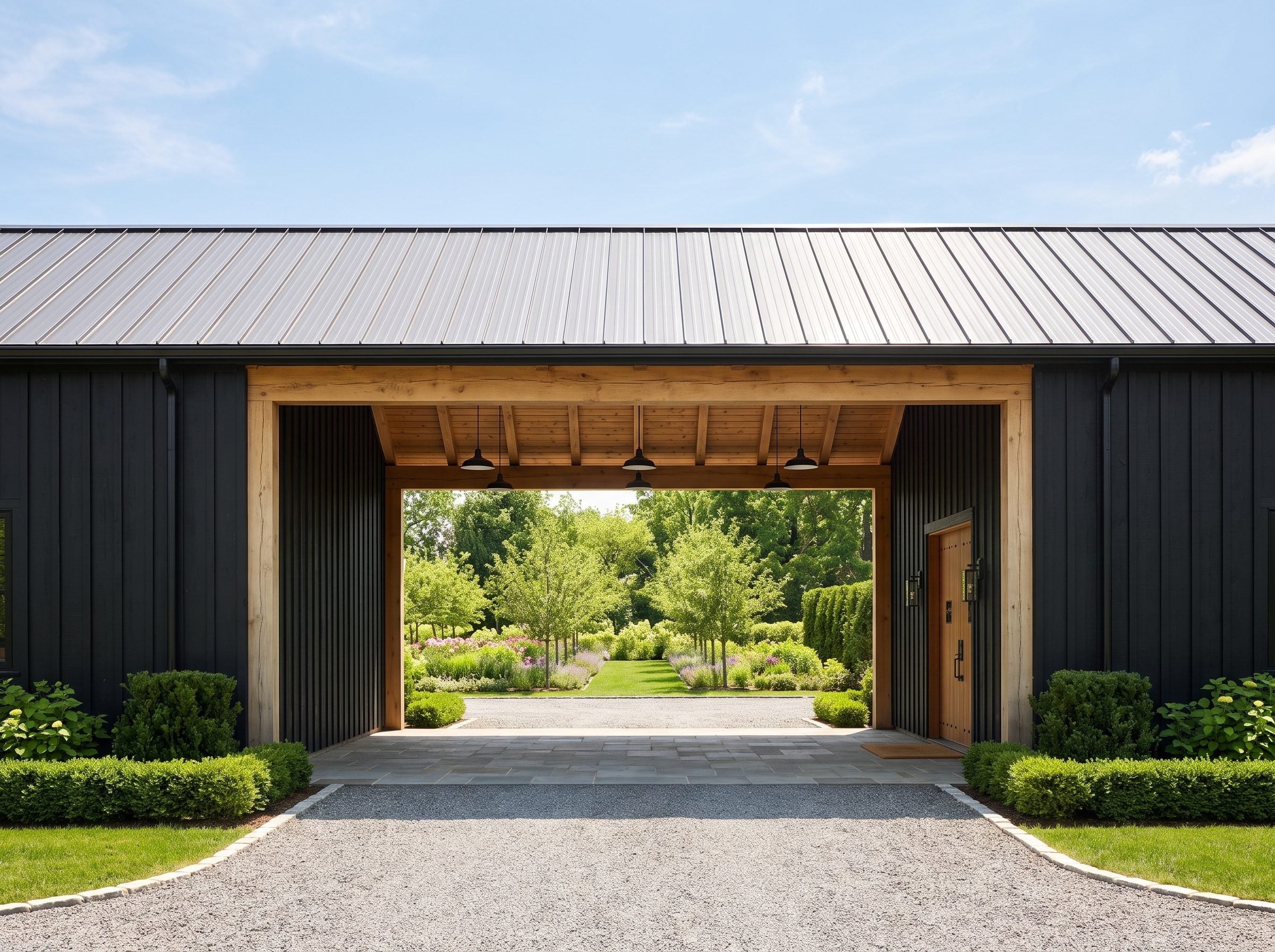 Dark metal-clad building with a large timber-framed covered passage and landscaped view beyond