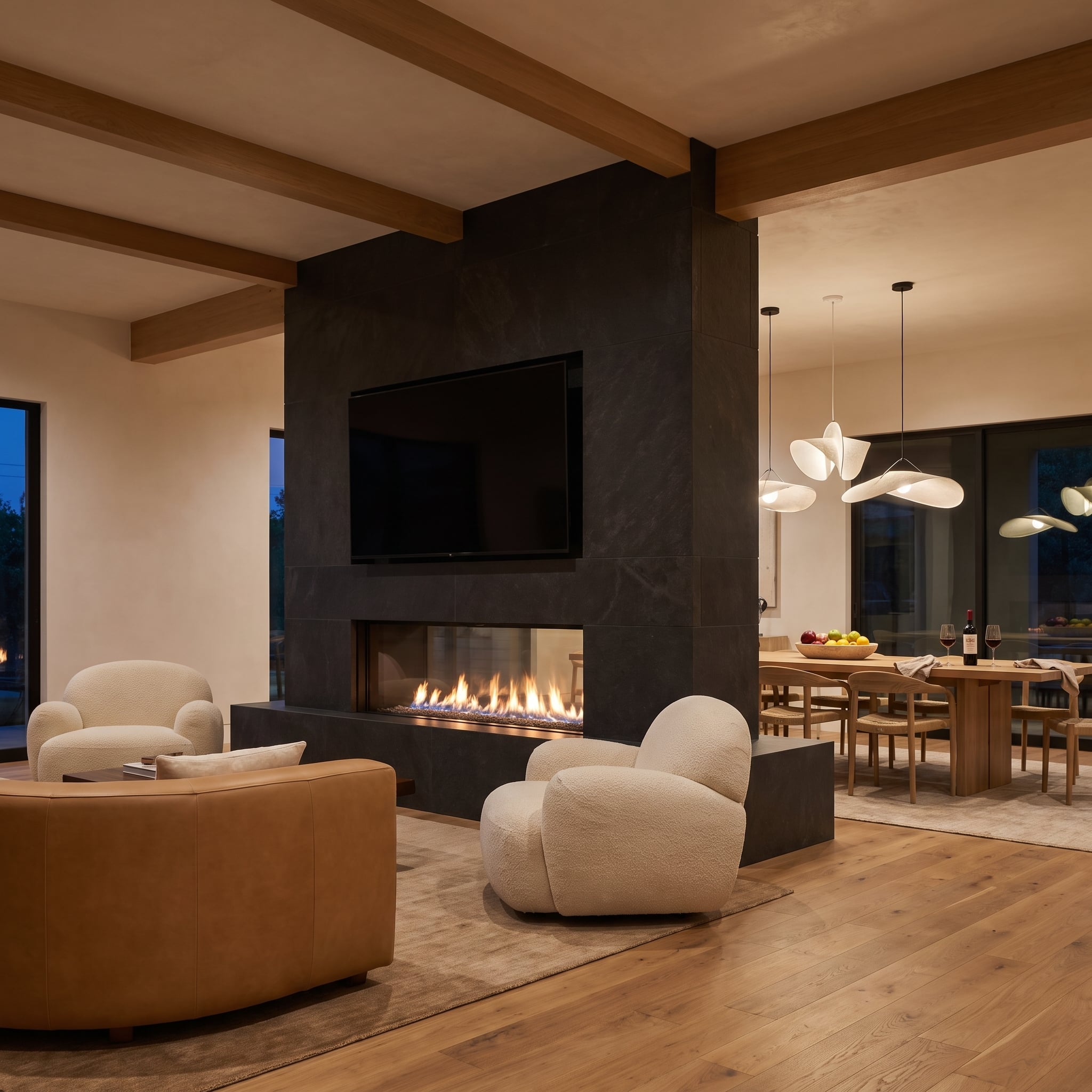 Open-plan living and dining room divided by a tall black stone fireplace tower with a television and double-sided firebox
