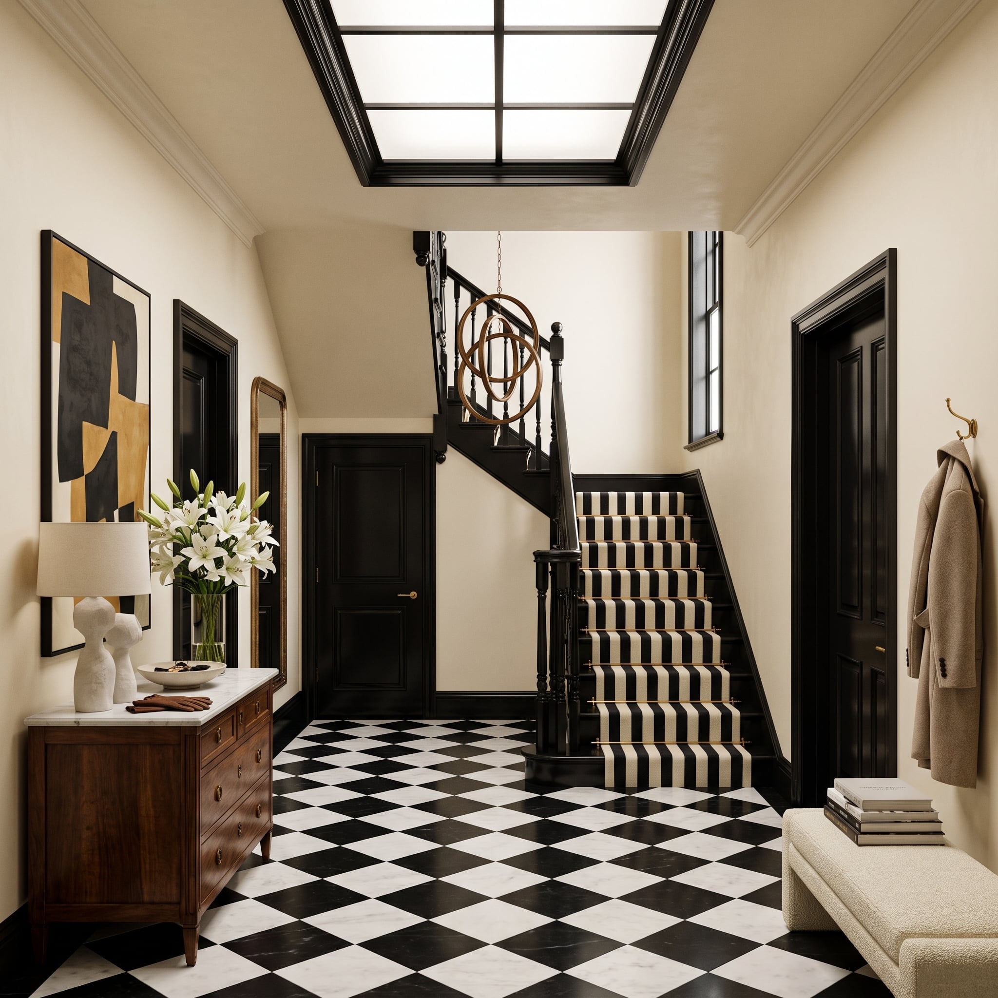 Entry hall with black-painted door casings, stair details, skylight framing, cream walls, and checkerboard marble flooring