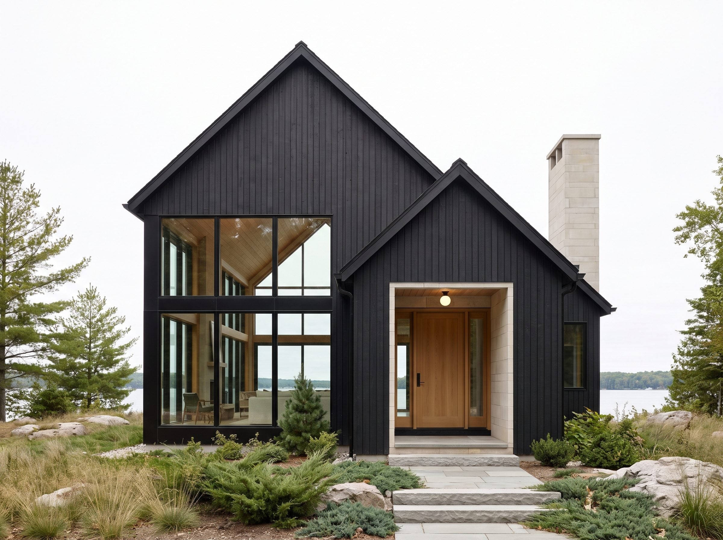 Black gabled house with a pale limestone entry and large angular glazing