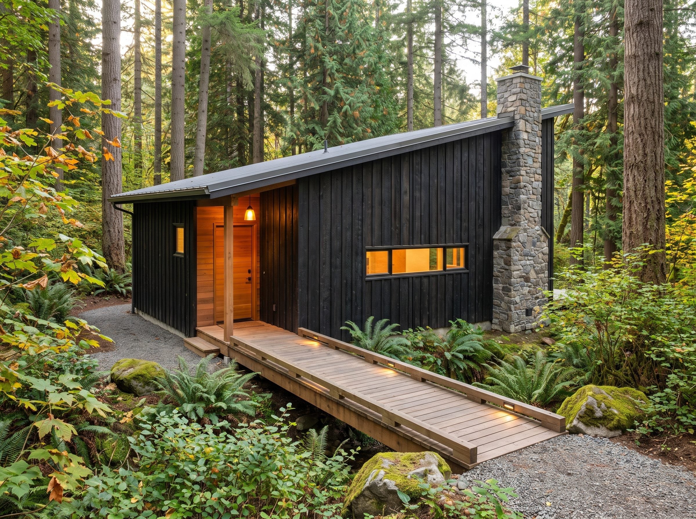 Dark woodland cabin with a timber boardwalk and river-stone chimney