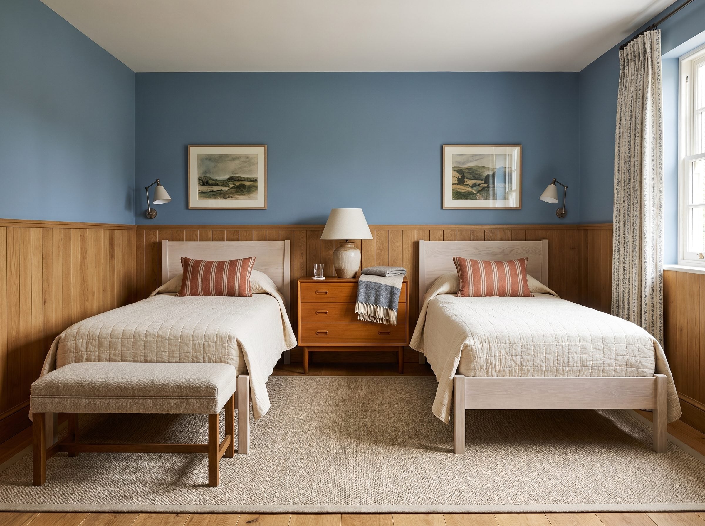 Shared bedroom with pale oak beds, honey-colored pine wainscoting, and amber nightstand