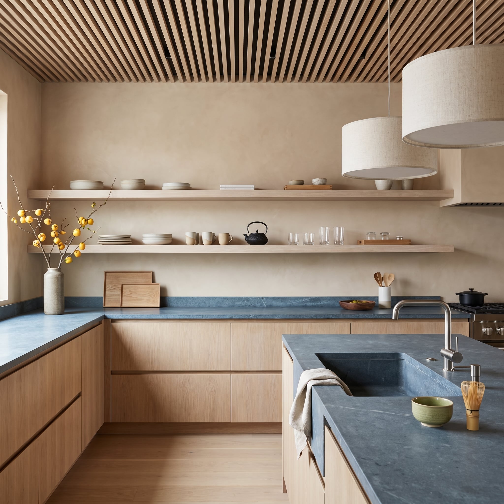 Contemporary kitchen with bleached oak cabinets, dark stone counters, slatted wood ceiling, and floating shelves