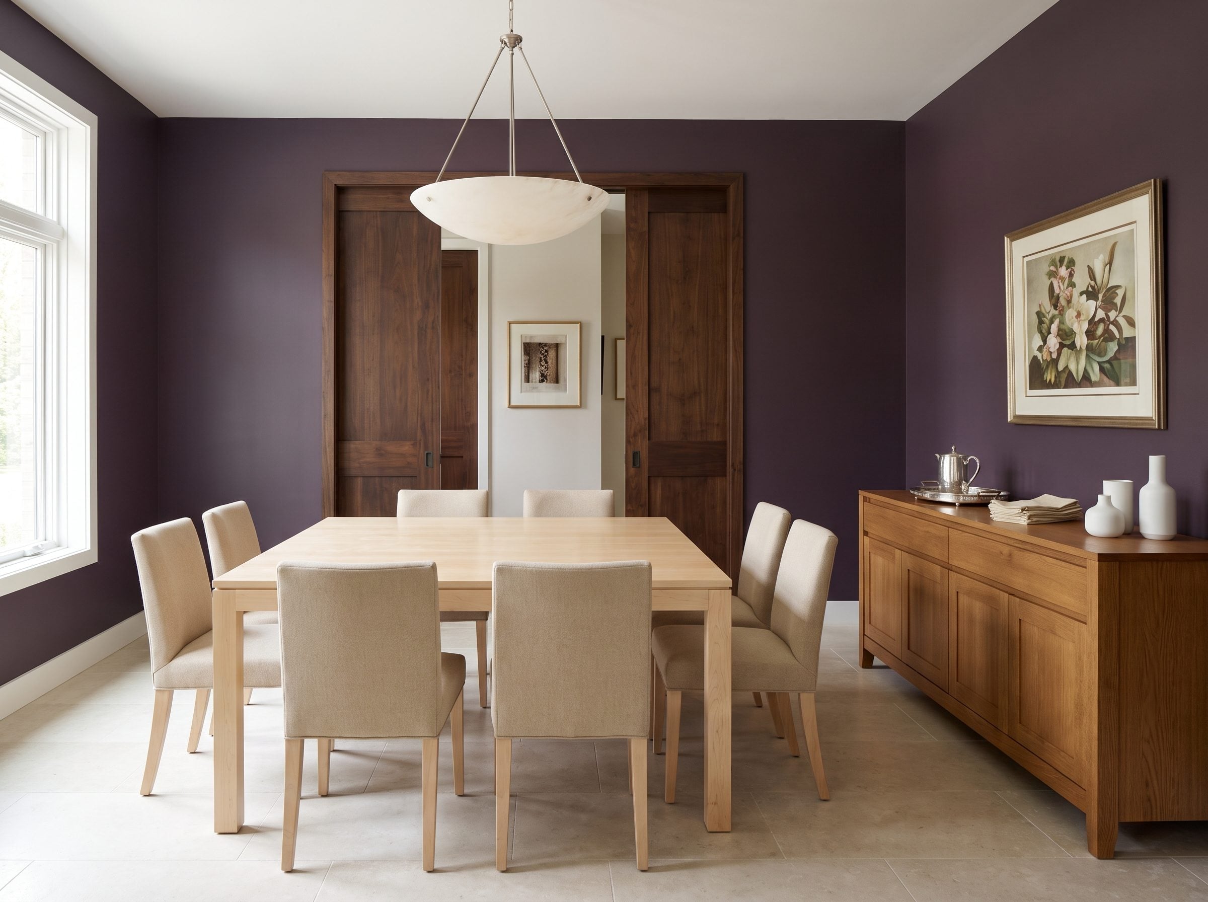 Dining room with plum walls, bleached oak table, dark walnut doors, and amber-toned sideboard