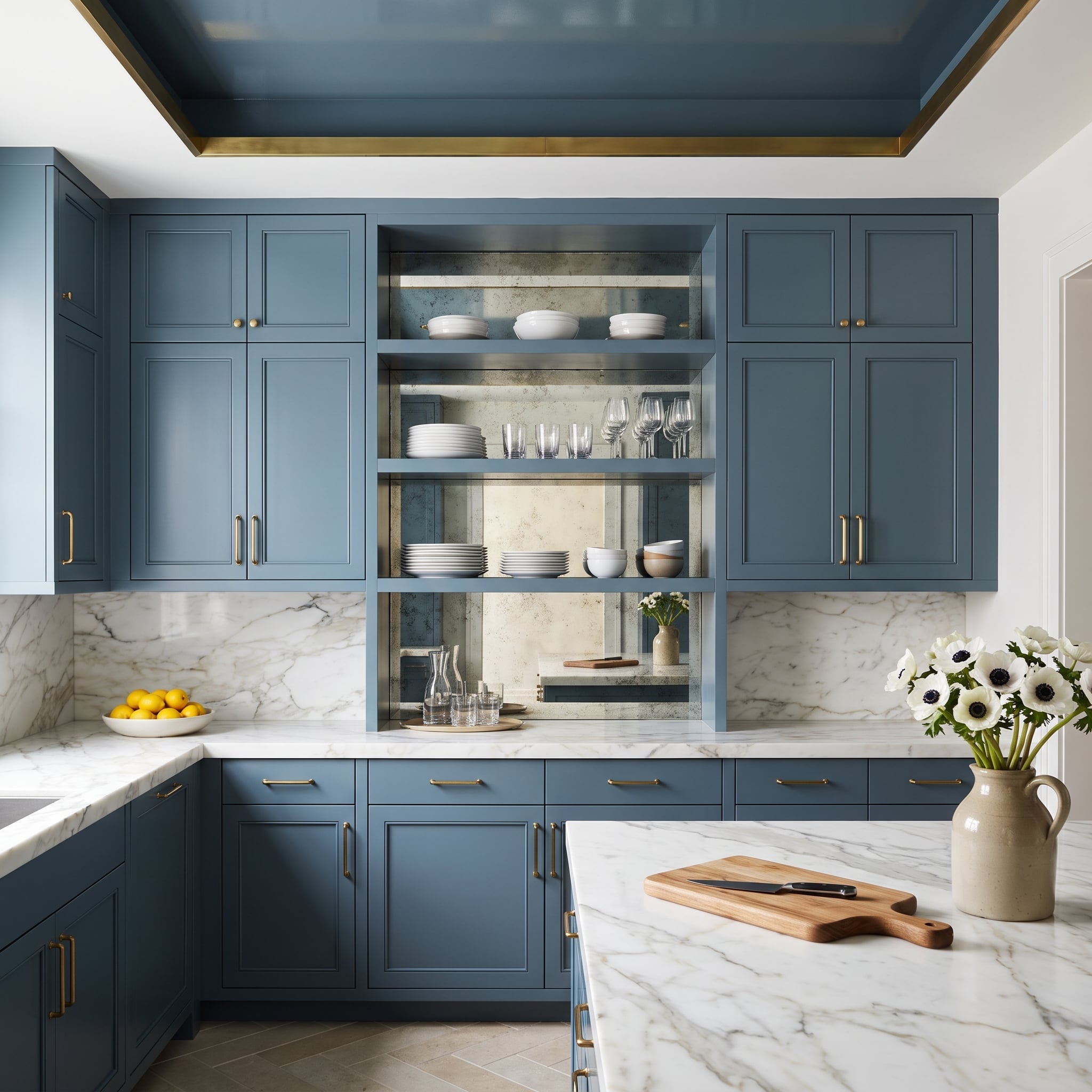 Slate-blue kitchen cabinets with brass hardware and open shelves backed by antiqued mirror